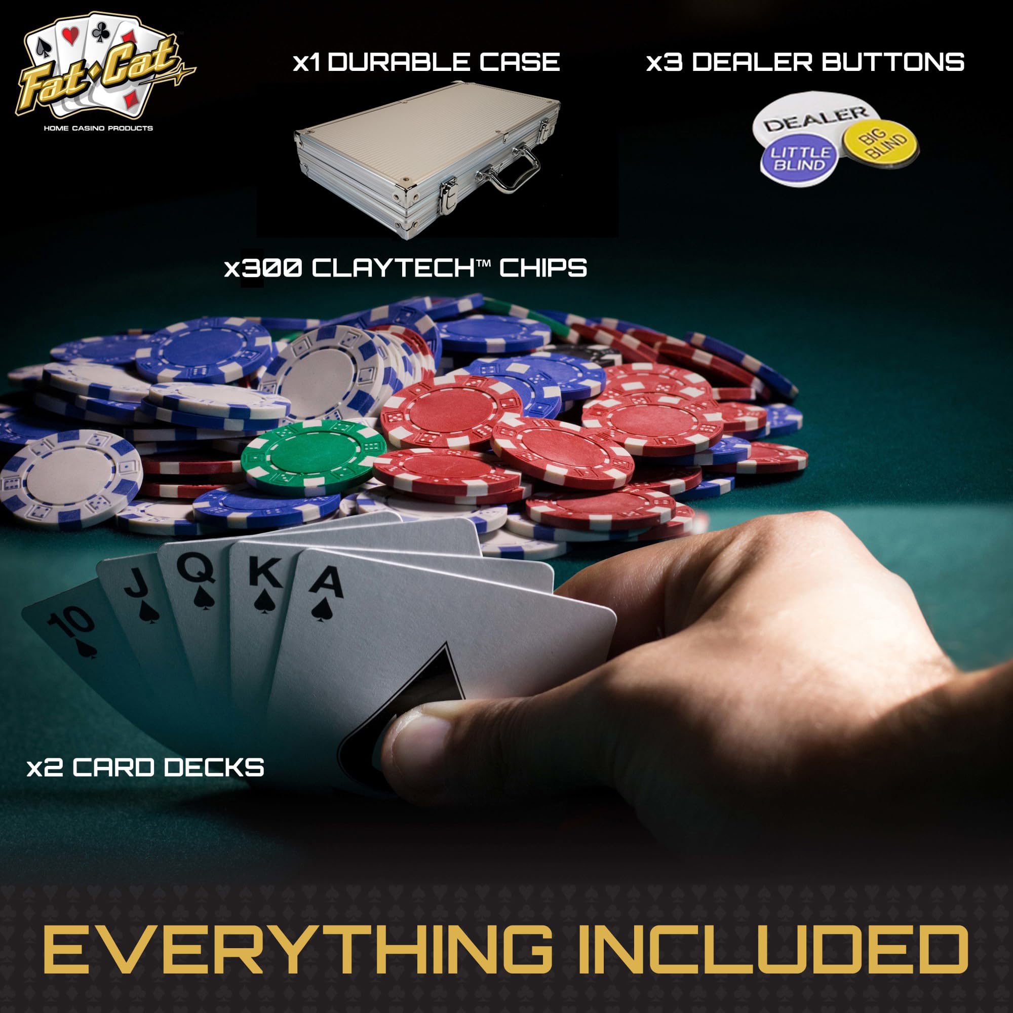Fat Cat Texas Hold 'em Claytec Jeu de jetons de poker 11,5 g avec étui en aluminium, 300 dés rayés