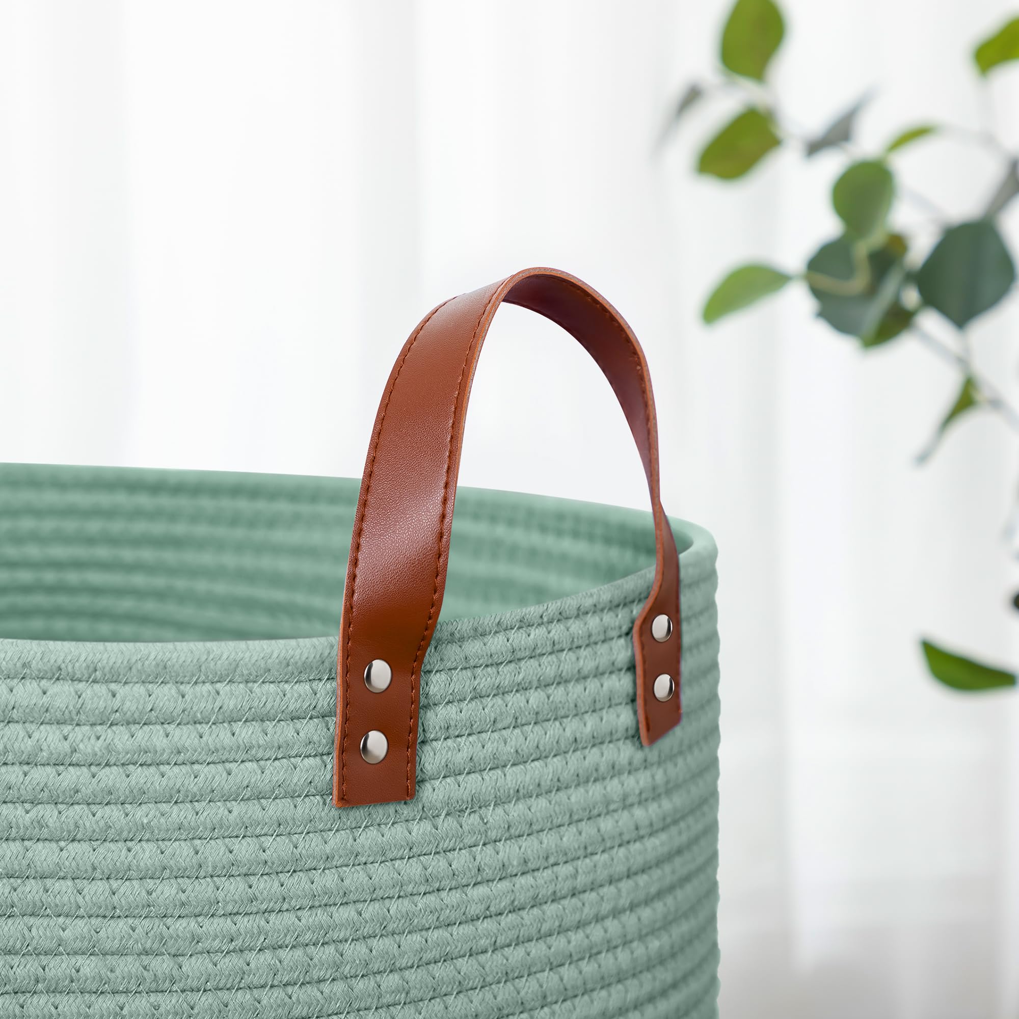 Grande cesto portaoggetti in corda intrecciata da 80 l, con manici in pelle, per giocattoli per cani, camera da letto, cameretta dei bambini, cesto portabiancheria alto 40,6 x 50,8 cm (verde)