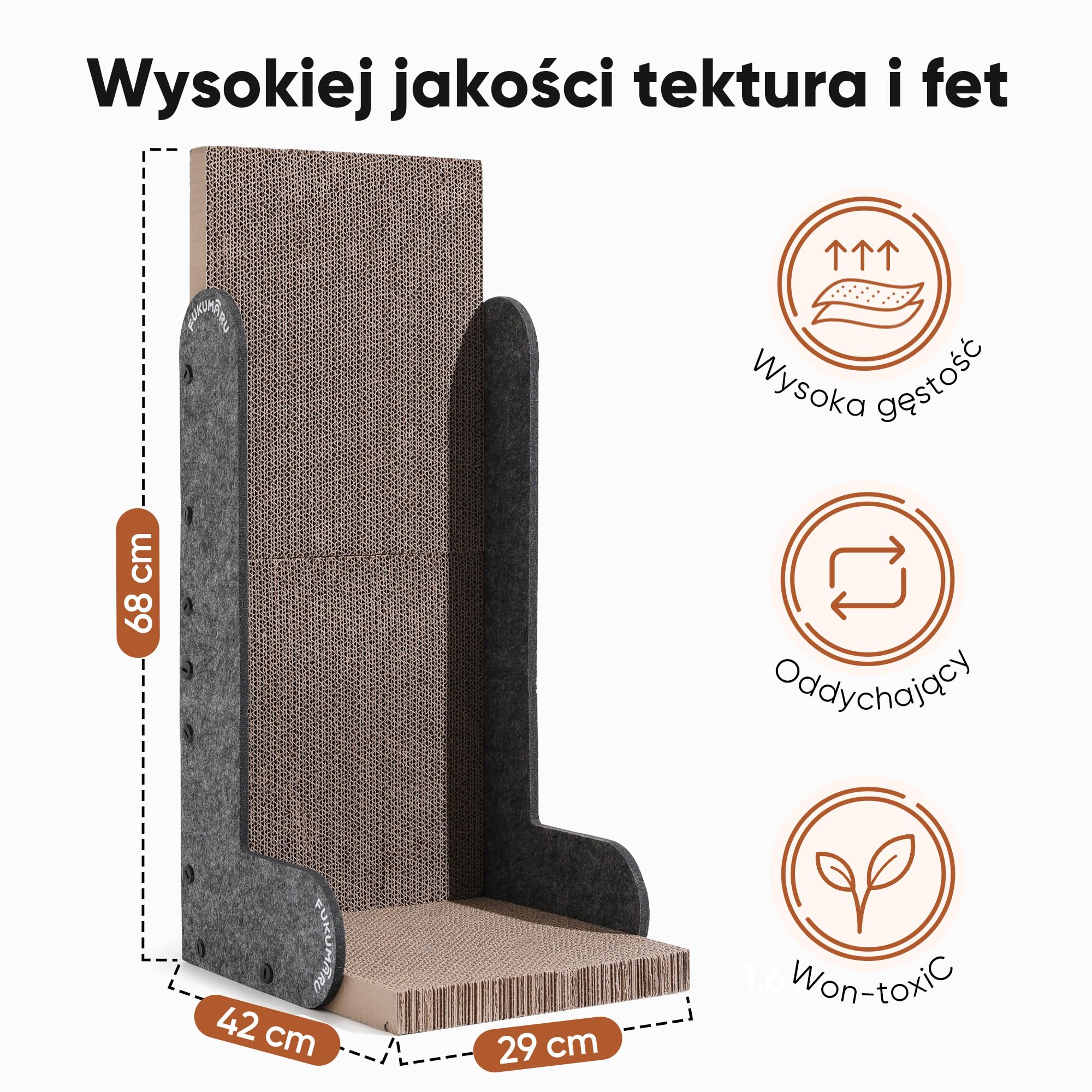 FUKUMARU Drapak dla kota, 68 cm w kształcie litery L, nowoczesna kartonowa deska do drapania dla kotów domowych, filcowy pionowy drapak, ochraniacz na meble, szary