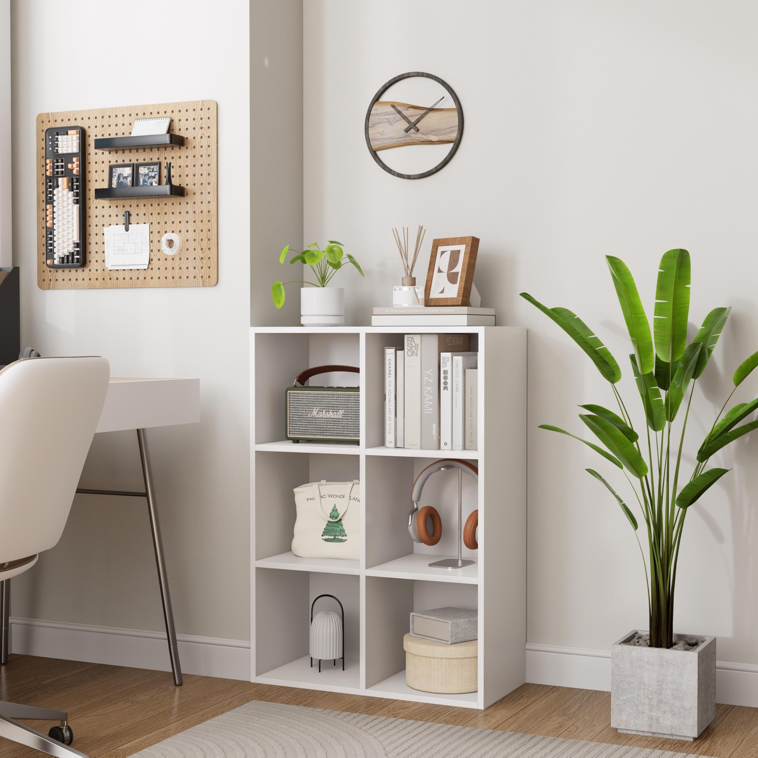 Garvis Bücherregal Regal mit 6 Ebenen Standregal Büroregal freistehend Dekoregal zur Präsentation offenes Aufbewahrungsregal für Wohnzimmer Homeoffice Esszimmer (Weiß)