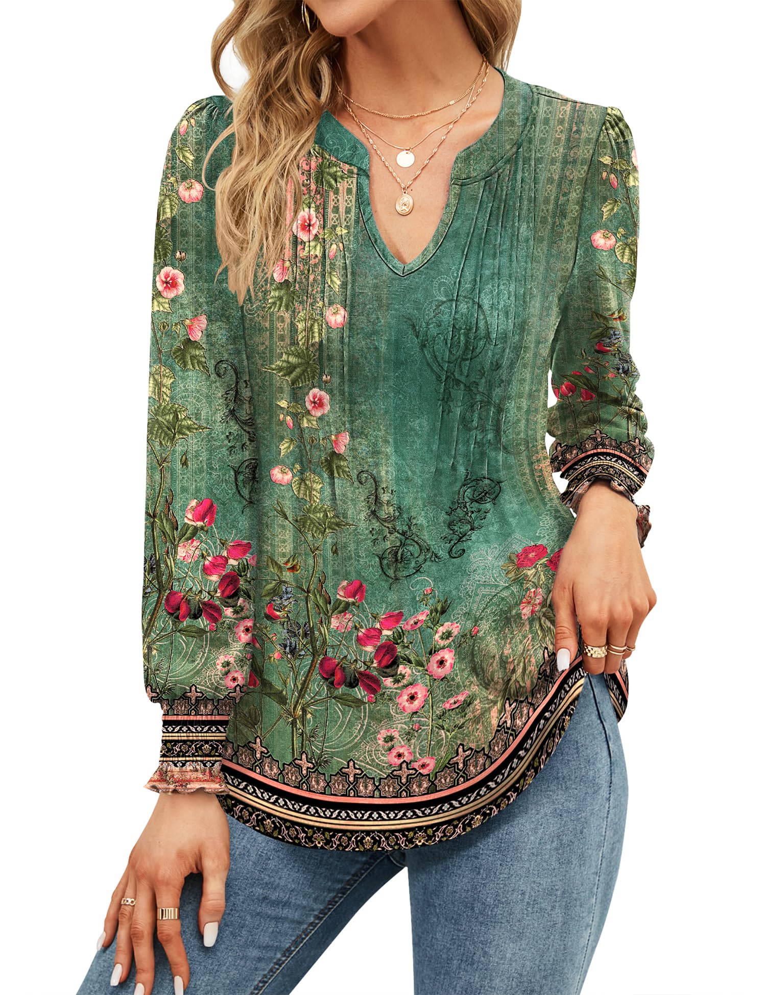 Womens V Neck Tops Puff Short Sleeve T-Shirt Pleated Floral Printed Tunic Blouse Shirts — view 30