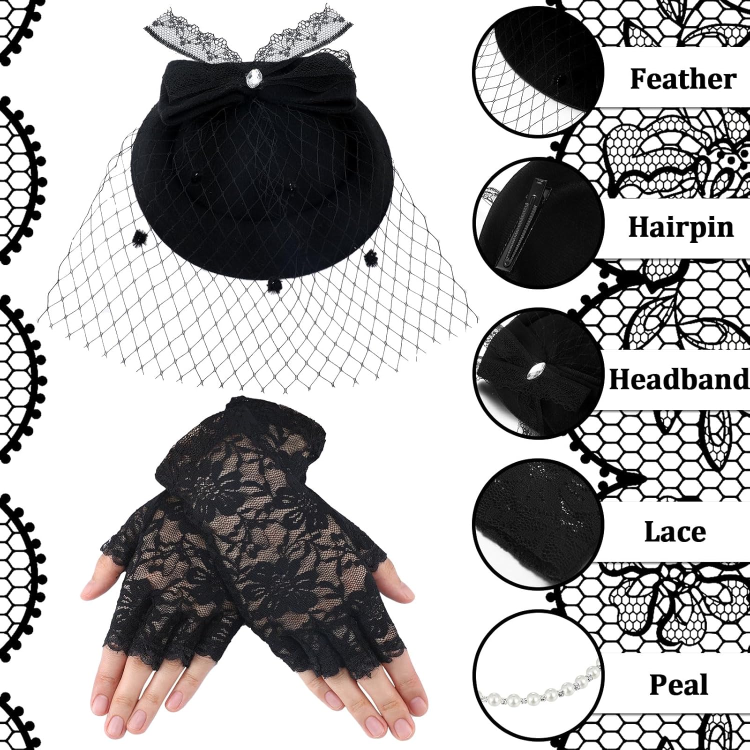 Bencailor 50s Fascinator Hat for Women Funeral Veil Hats Set Mesh Headpiece and Lace Glove Necklace Earring for Tea Party Cocktail - Image 3