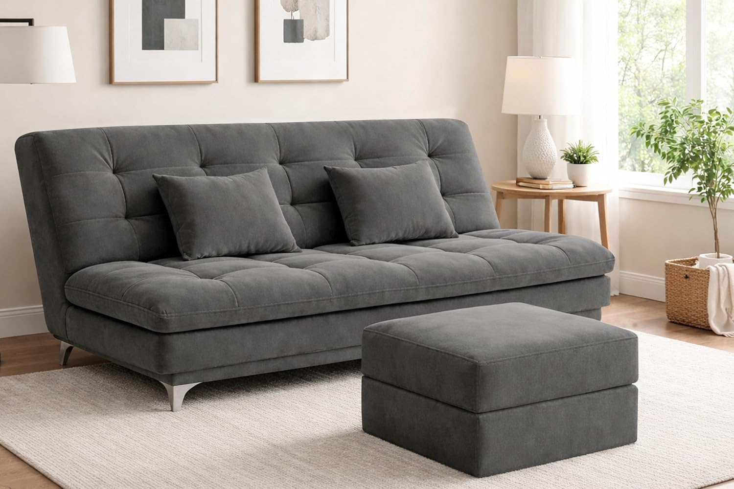 Image of Modern Velvet Convertible 3-Seater Futon Sofa Bed with Ottoman – Tufted Upholstered Sleeper Couch with Adjustable Backrest– Living Room Furniture-Grey-Color