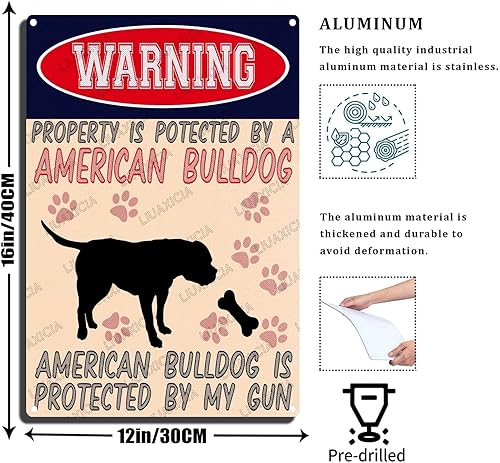 Miniatura 2 de Letrero de hojalata retro con texto en inglés "Warning Property Is Potected By A American Bulldog Is Protected By My Gun", decoración de pared para