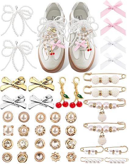 Yawlsow 40 Pcs Shoe Charms for Sneakers Junk Charms for Women Shoe Lace Socks Contain Brooches, Pins, Clips, Bows, Jewelry, Pearl Charm Accessories Bulk for Clothes Bag Hat