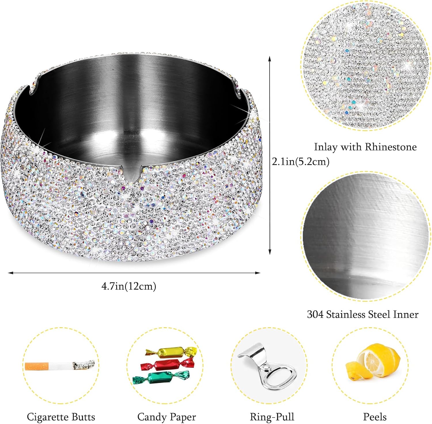 SlowVibes Bling Ashtray for Somkers,Stainless Steel Indoor Outdoor Use,Cool Rhinestone Ash Holder,Windproof Durable Diamond Crystal Ash Tray for Weed,Home Office Cute Ashtray for Women,Easy to Clean