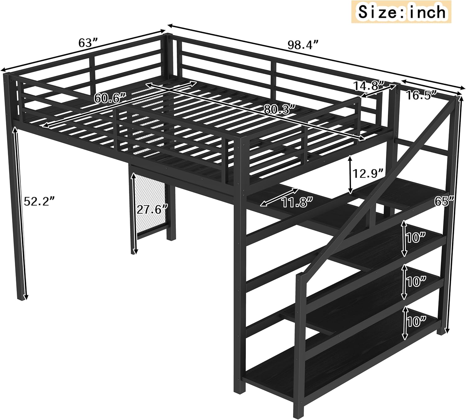 SOFTSEA Queen Size Loft Bed with Desk & Stairs, Heavy Duty Metal Loft Bed with LED Light & Charging Station, Queen Gaming Bed Frame for Teens Adults, Noise Free, Black