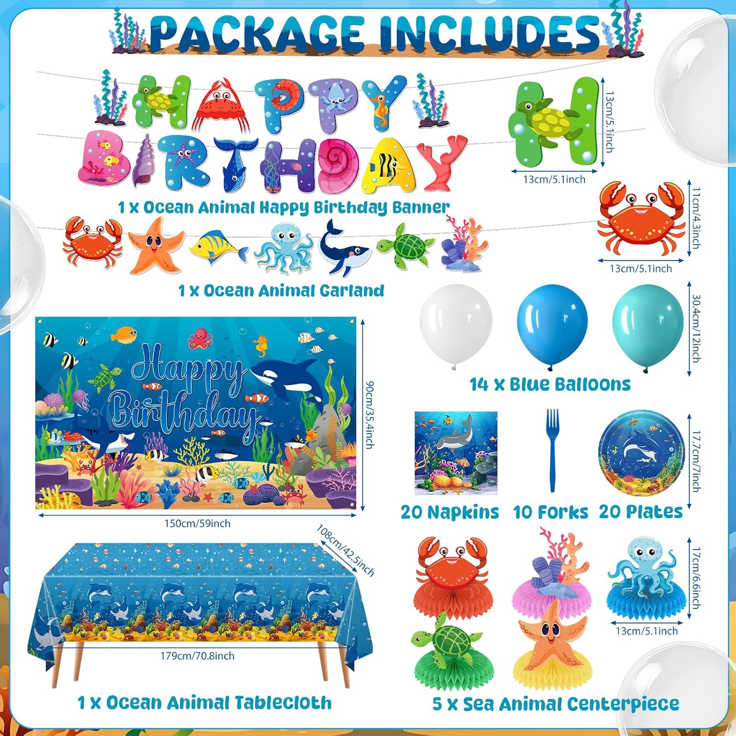Under the Sea Birthday Party Decorations Ocean Animal Birthday Banner Backdrop Balloons Sea Animals Centerpiece Shark Sea Creatures Tablecloth for Kids Underwater Tropical Bday Baby Shower