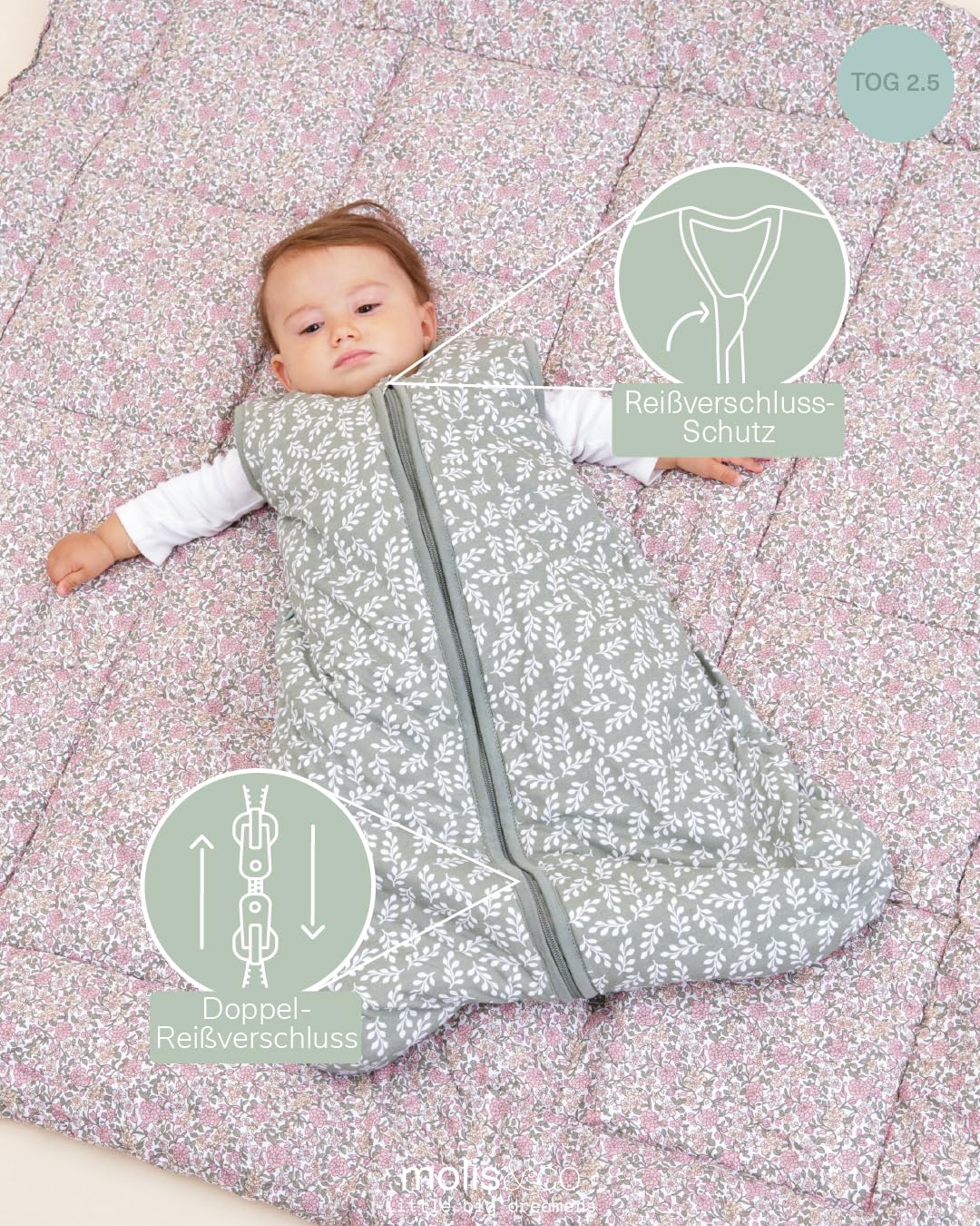molis&co - Saco de Dormir para bebé 2.5 TOG - 85 cm (6-18 Meses) - Ideal para Invierno - 100% algodón (Oeko-Tex 100) - Acolchado, Suave y Cálido - Green Garden