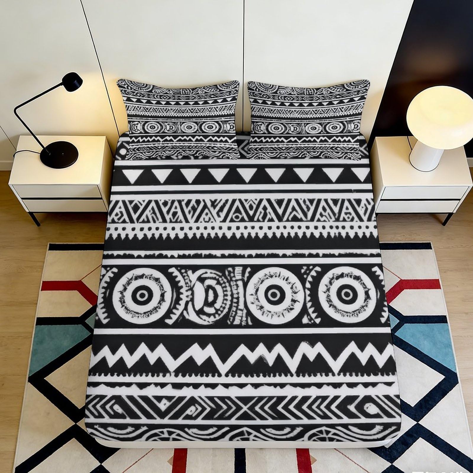 3D Printed Tribal Pattern Fitted Sheet Microfiber Soft Durable Geometric Bed Cover for Bedroom Dormitory Guest Room Mattress Protection 90x200x25cm