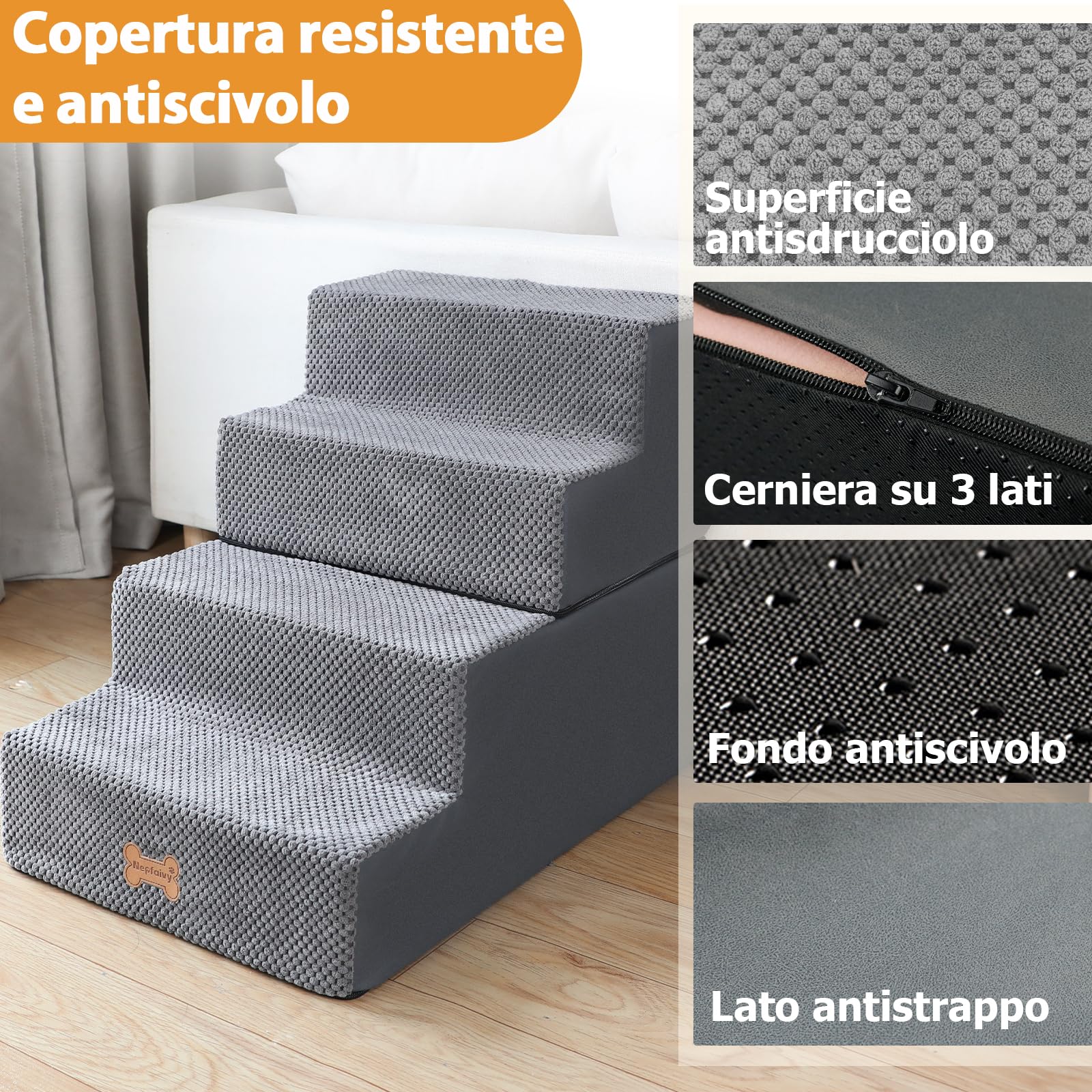 Nepfaivy Scaletta per Cani - Scala per Cani e Gatti per Salire sul Letto, Gradini con Copertura Rimovibile e Lavabile, Grigio, 61x40x45cm