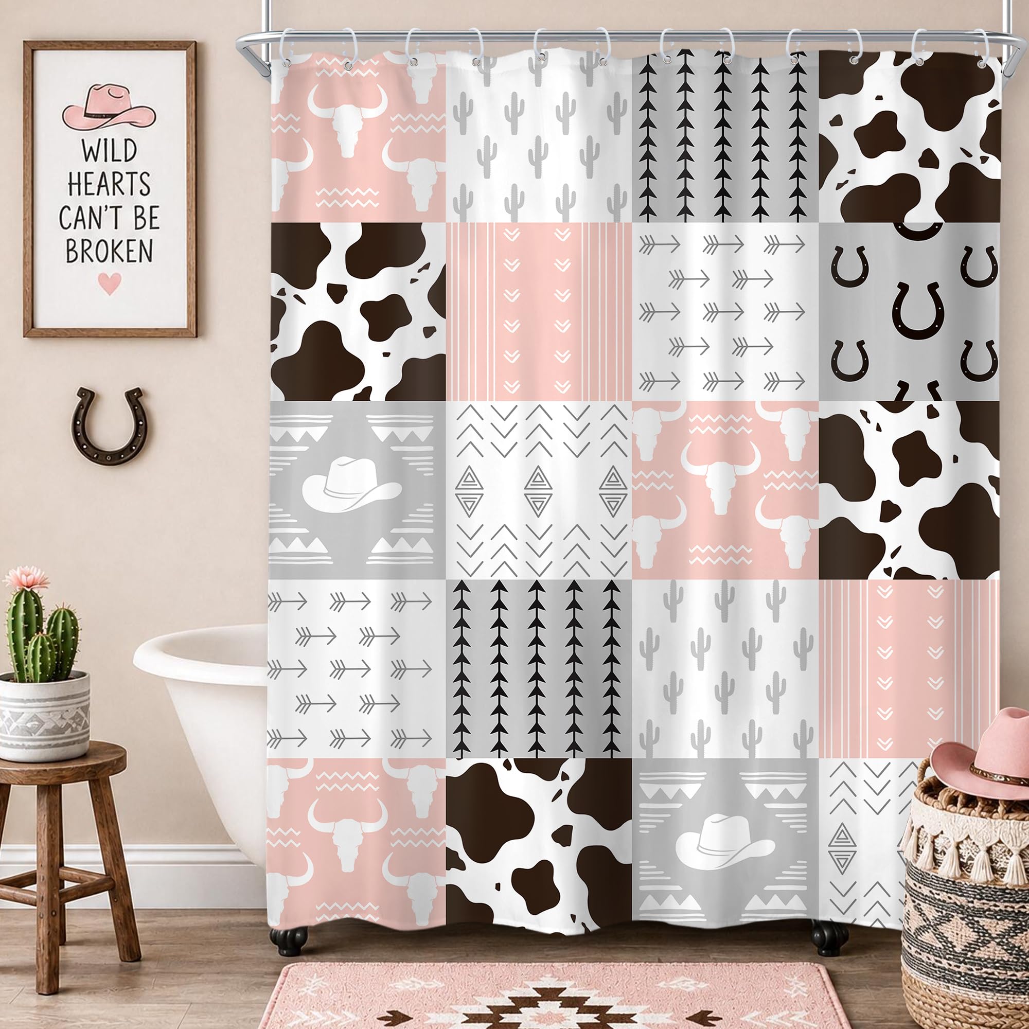 Cowboy Cowgirl Pink Western Patchwork West Cow Bathroom Shower Curtain Set — image 1