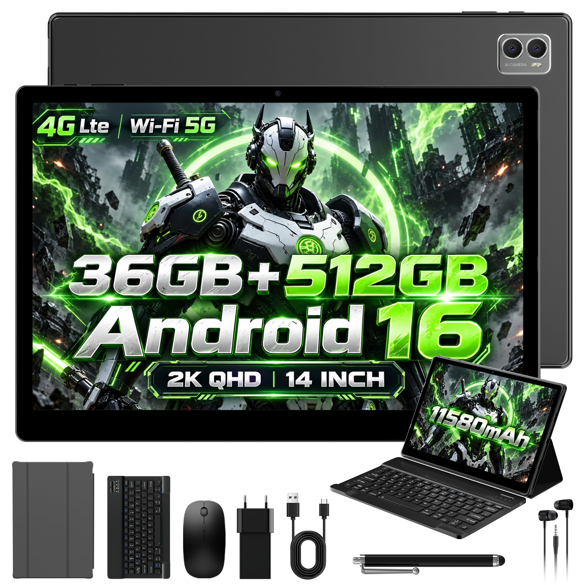 DOFACESH 2K Android 16 Tablet 14 Pollici, 36GB RAM, 512GB ROM (2TB Espandibile), 4G SIM Lte & 5G WiFi, 2000 * 1200FHD, 11580mAh, Octa-Core, 13MP+8MP, Tablet in offerta con tastiera|Custodia-Nero