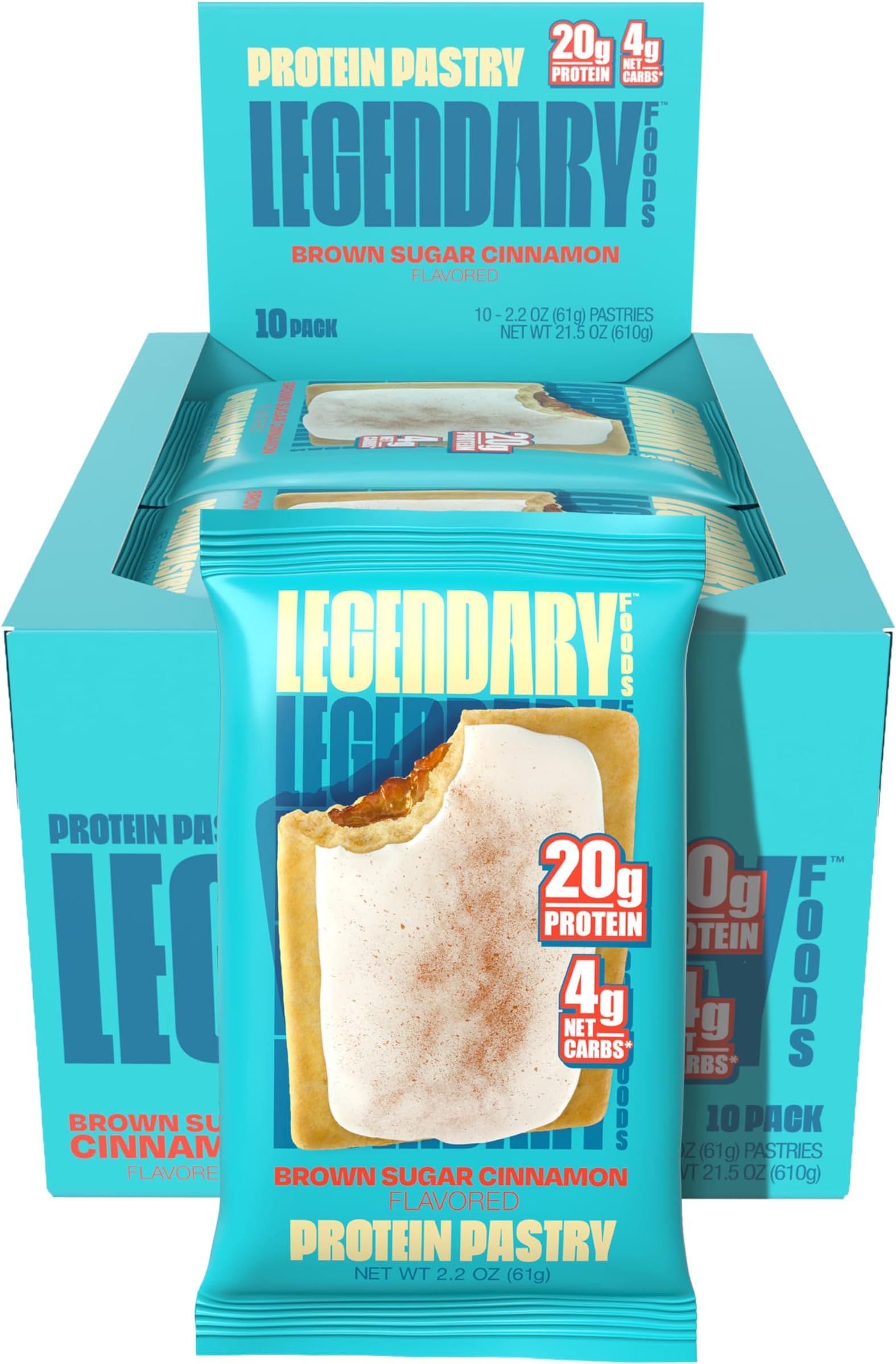 Legendary Foods 20g Protein Pastry - Low Carb Meal Replacement Bar - Low Glycemic, Gluten Free Protien Snacks - Healthy Keto Snack Box, 10x Zero Sugar Energy Bars - Bariatric Diabetic Friendly