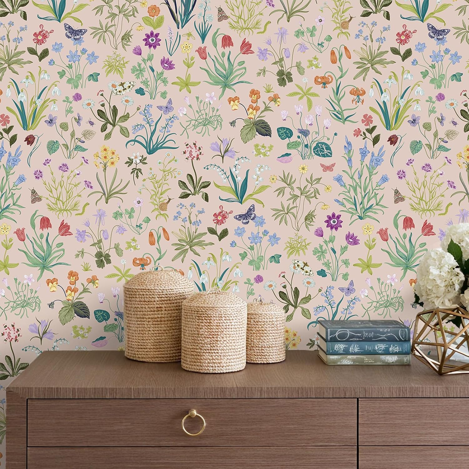 VEELIKE Vintage Pink Floral Peel and Stick Wallpaper Boho Meadows Floral Wallpaper for Girls Room Bedroom 17.7''x354'' Removable Self Adhesive Pink Floral Contact Paper for Cabinets Walls Drawers