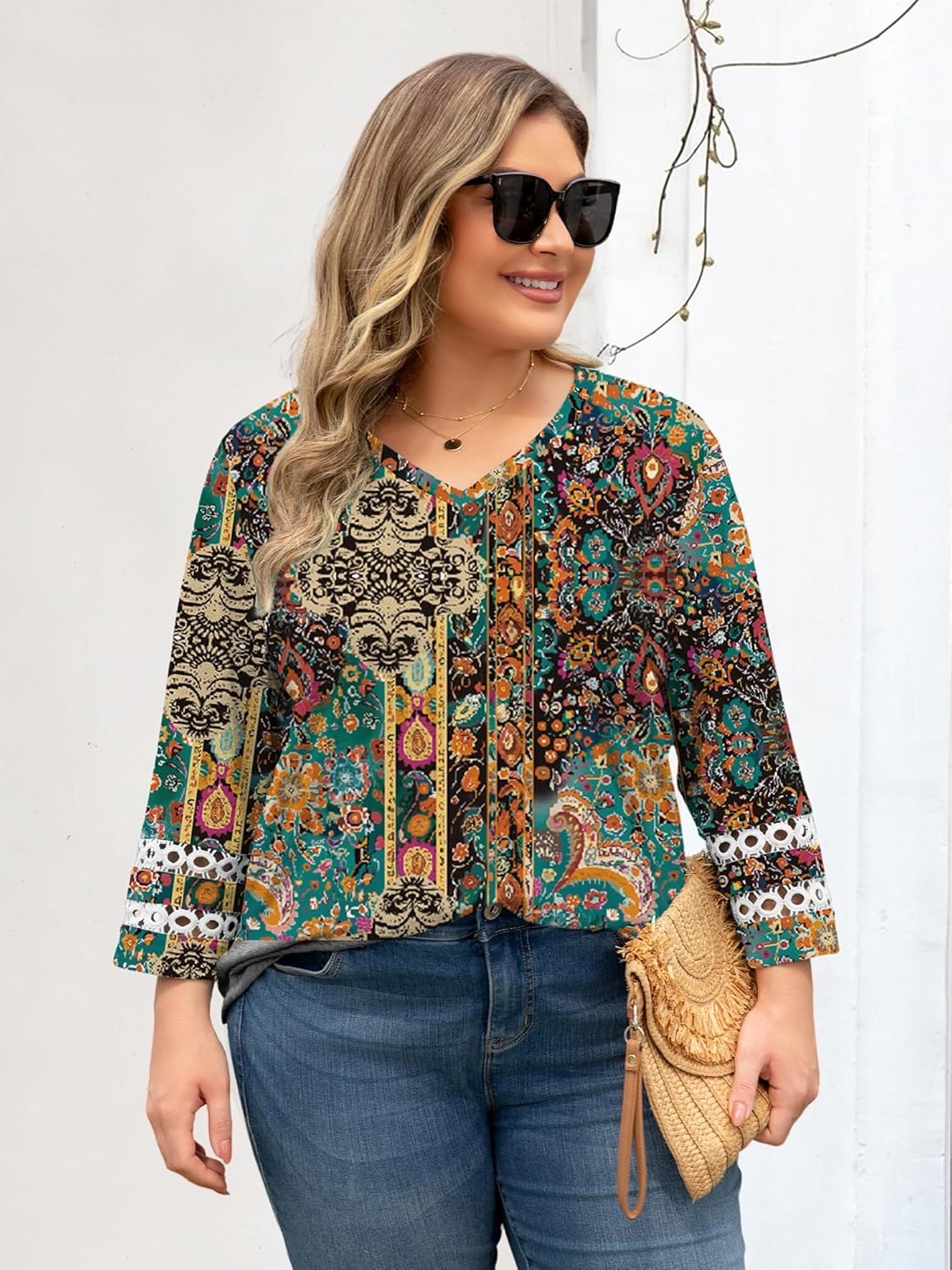 Chulianyouhuo Womens Plus Size Tops 3/4 Lace Sleeve Dressy Casual Blouses Trendy V Neck T Shirts Loose Fit Tees Tunic - Image 3