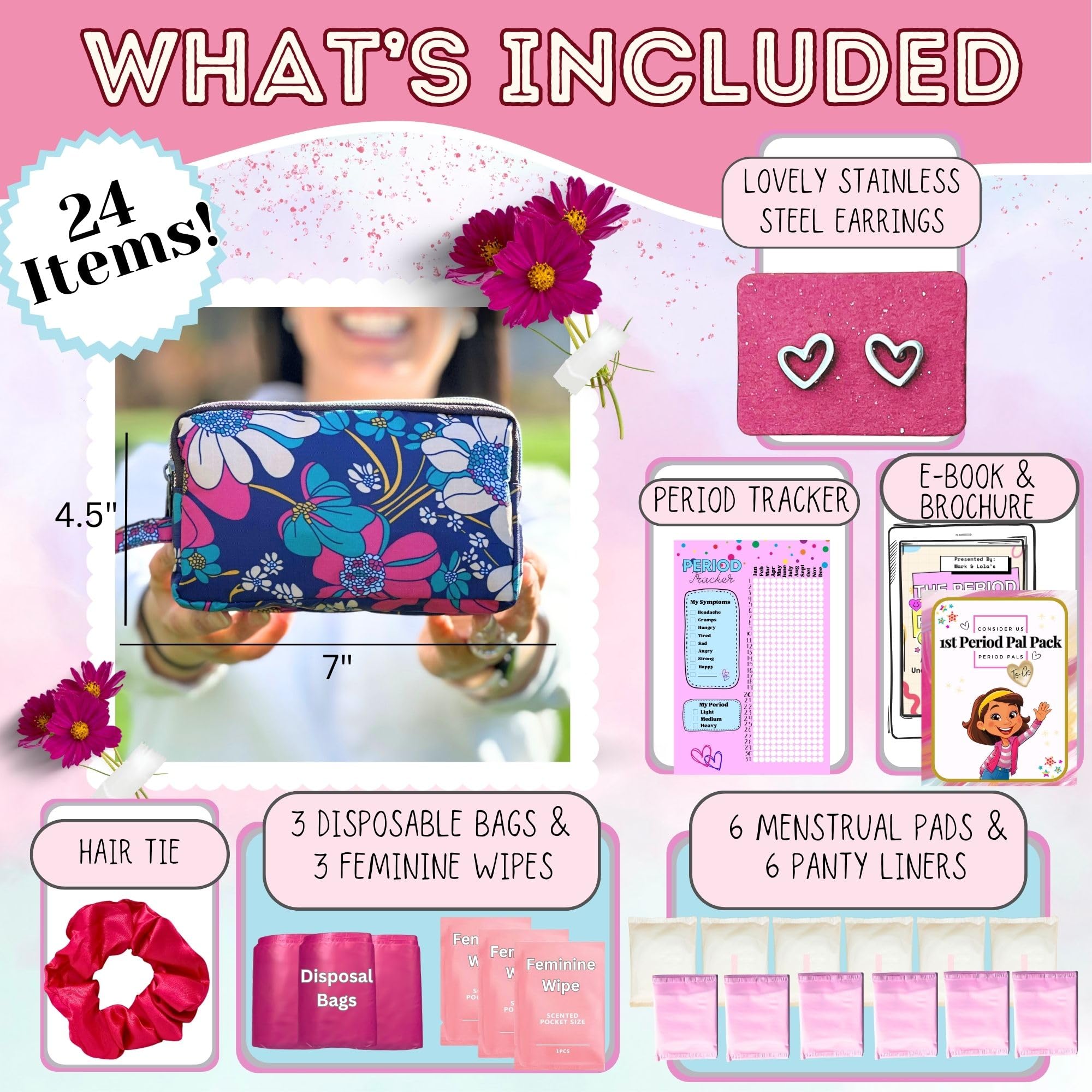 First Period Pal Pack To Go Kit | 26 pezzi | Kit primo ciclo per ragazze 9-12 | Borse mestruali per ragazze adolescenti per la scuola | Borsa mestruale discreta, assorbenti, salvaslip e kit mestruali