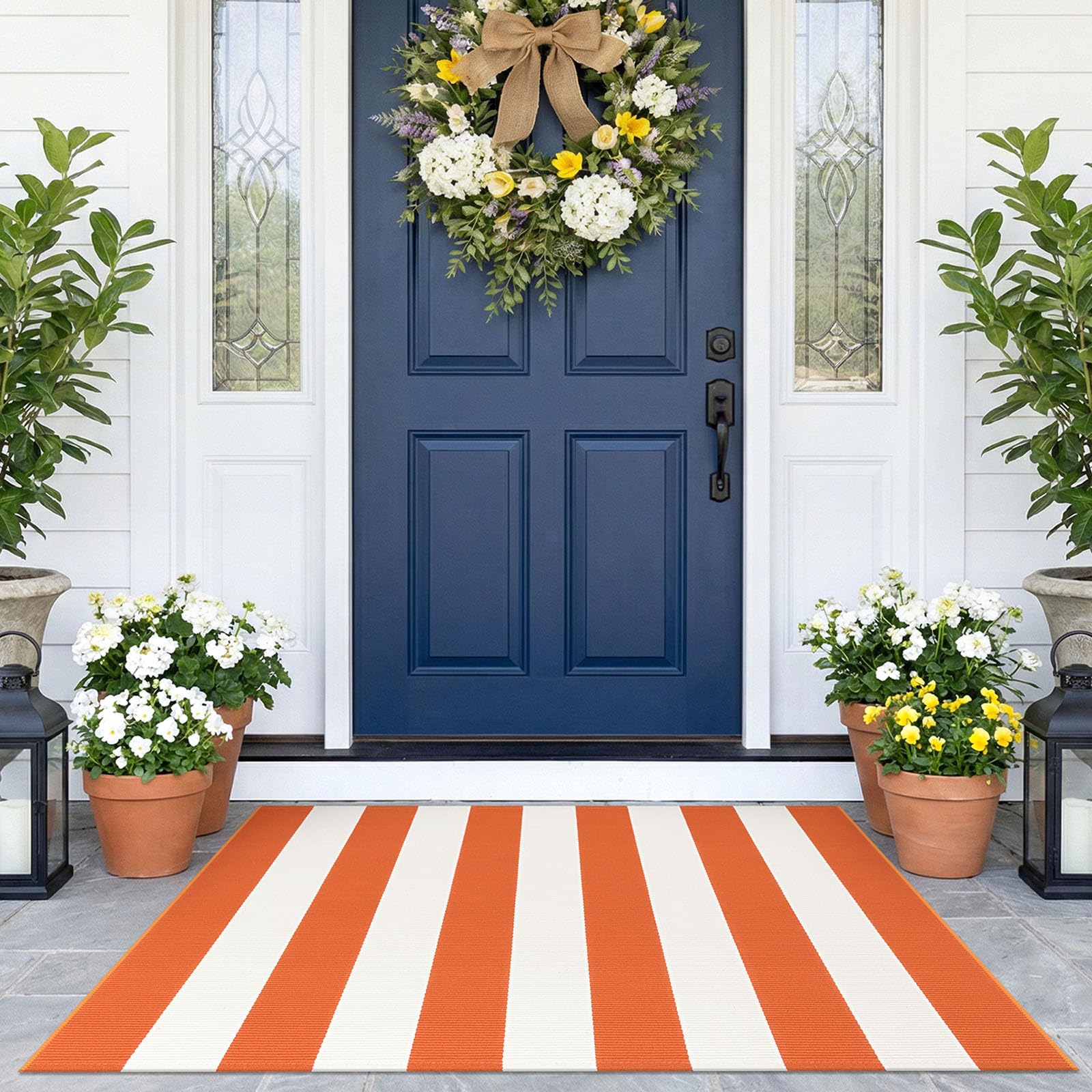 KOZYFLY Striped Rug 2.3x3.6 ft Orange White Halloween Woven Front Door Mat