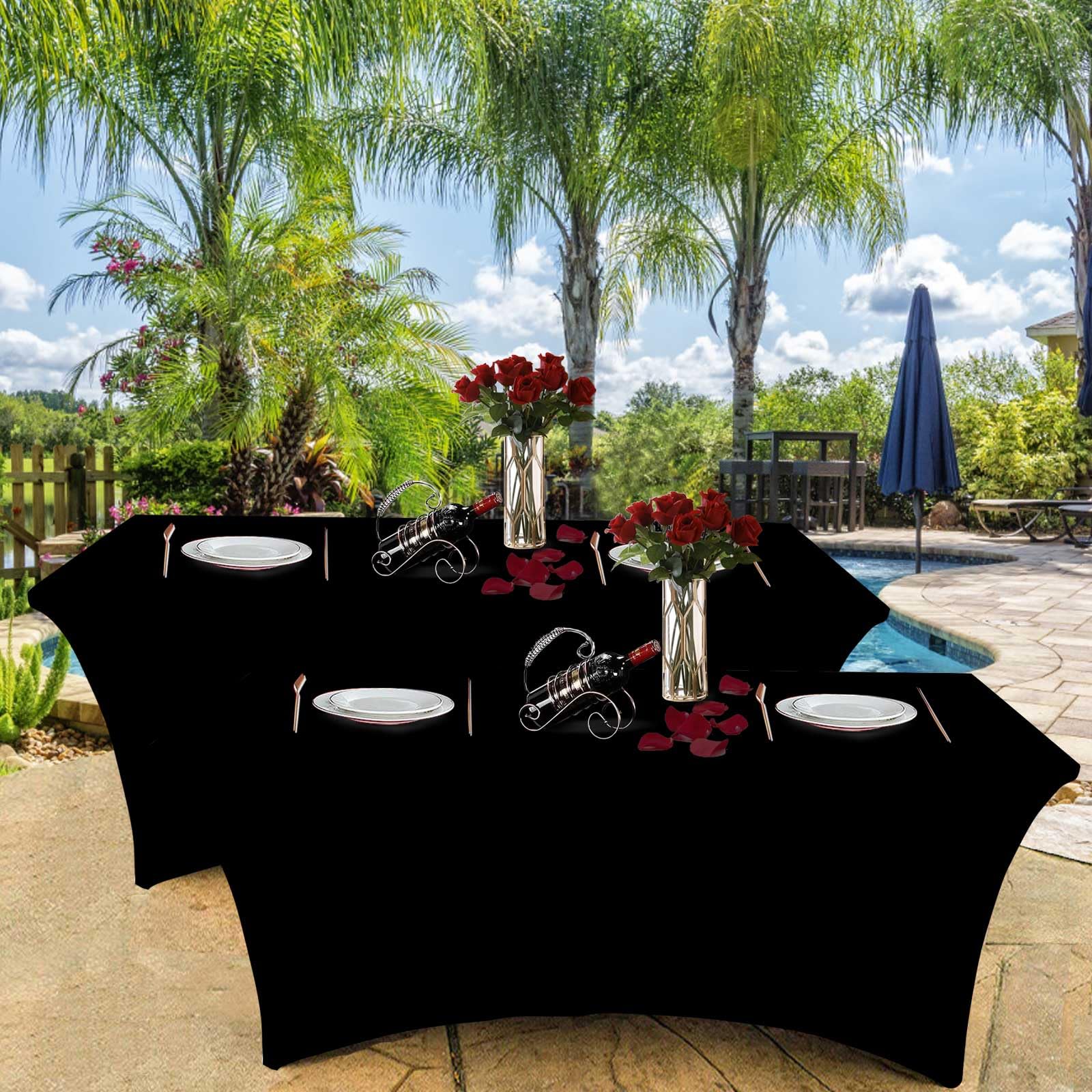 Heochy Paquete de 2 manteles rectangulares de elastano negro, protectores de mesa ajustables para eventos, cócteles, bodas, banquetes o fiestas