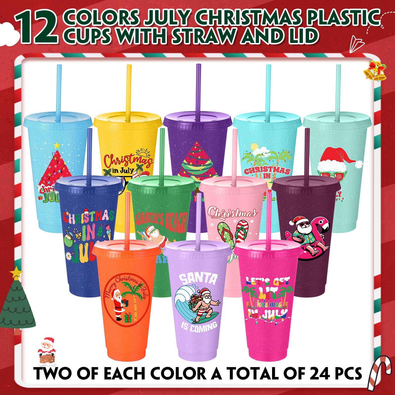 CHENGU Lot de 24 gobelets tropicaux réutilisables en plastique avec couvercles et pailles en vrac, 710 ml, à paillettes pour Noël, l'été, les vacances, les fêtes, le bureau