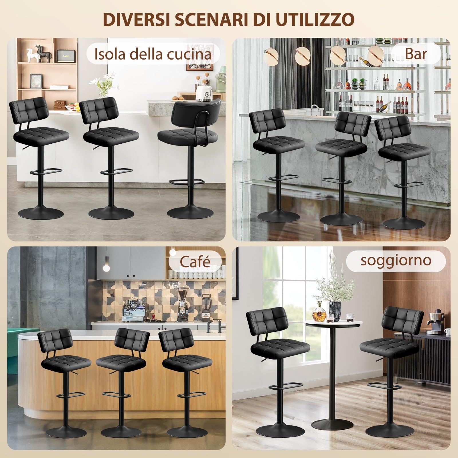 Set di 2 Sgabelli da Bar, Sedie da Bar Girevole 360° Altezza Regolabile da Penisola, Sgabelli Alto in Similpelle, Sedie da Cucina con Schienale e Poggiapiedi per Bar Cucina Ristorante, Nero