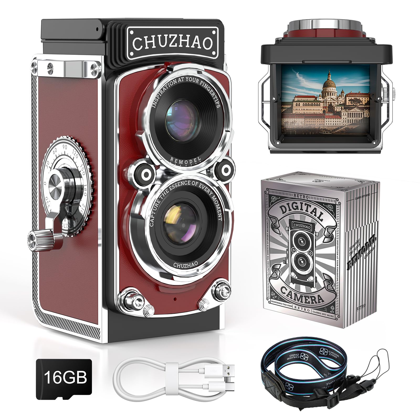 CHUZHAO レトロカメラ デジカメ レトロ 1080P 動画・写真機能 12MPオートフォーカス 1.54インチ画面 16GBカード ポータブルTLRスタイル 二眼レフトイカメラ 大人向け ブログ/旅行/初心者/カメラマニア向け(日本語説明書、ストラップ付き)(赤色)