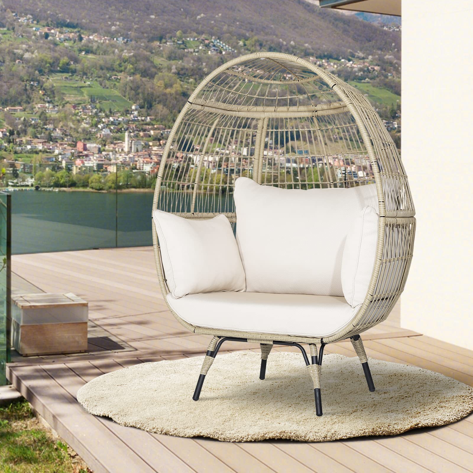 KOMFOTTEU Silla de Huevo de Ratán Sintético, Sillón de Jardín Exterior con Cojín Acolchado, Silla de Terreza con Marco de Metal, para Balcón, Salón, Carga 205 kg, 110 x 82 x 145 cm