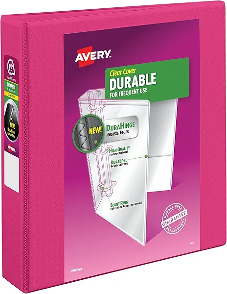 Avery Durable View 3 Ring Binder, 1-1/2 Inch Slant Rings, 1 Pink Binder (17833)