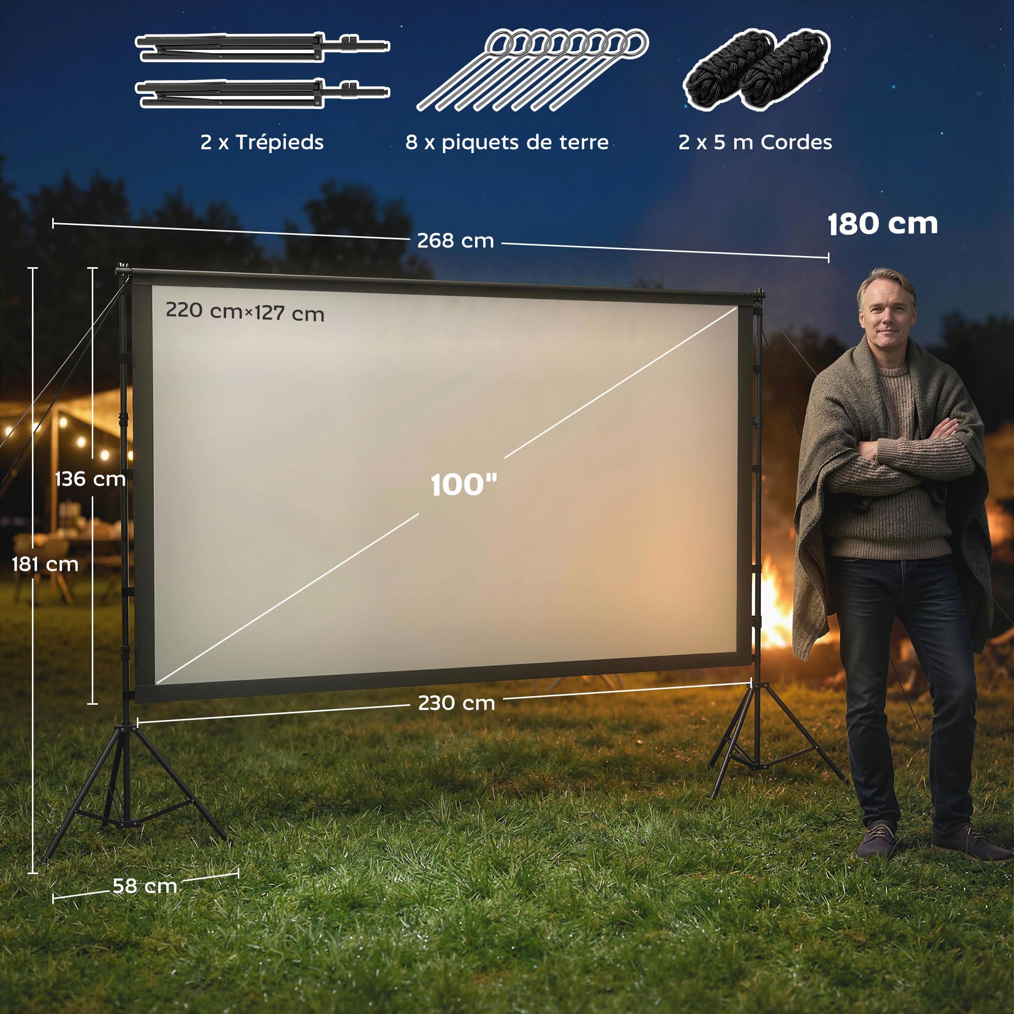 HOMCOM Écran de Projection avec Trépieds 100" 16:9 HD 4K/8K, 268Lcm, Écran Videoprojecteur sur Pied Portable, Double Face, 2 Trépieds Pliables, Angle de Vision 160°, pour Cinéma Maison, Bureau, Voyage