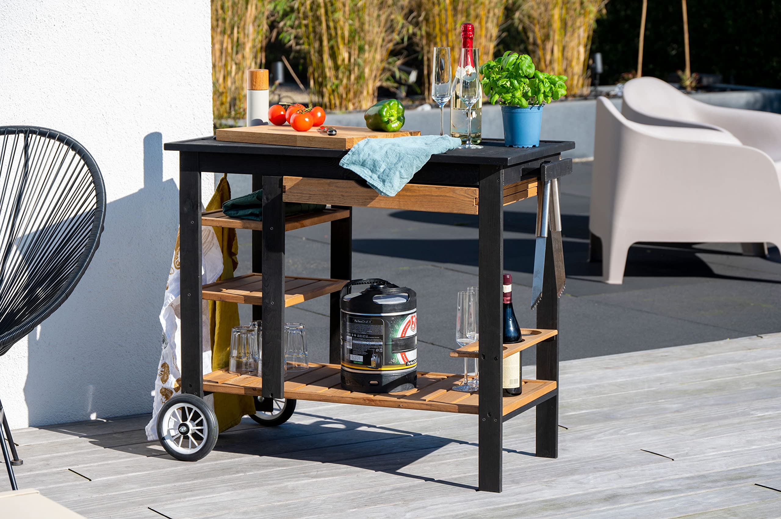 dobar Carrello per barbecue da esterno con cassetto e ripiano portaoggetti – Trolley per barbecue su ruote con manico e supporto per bottiglie – Tavolo per barbecue per terrazza e giardino – Nero