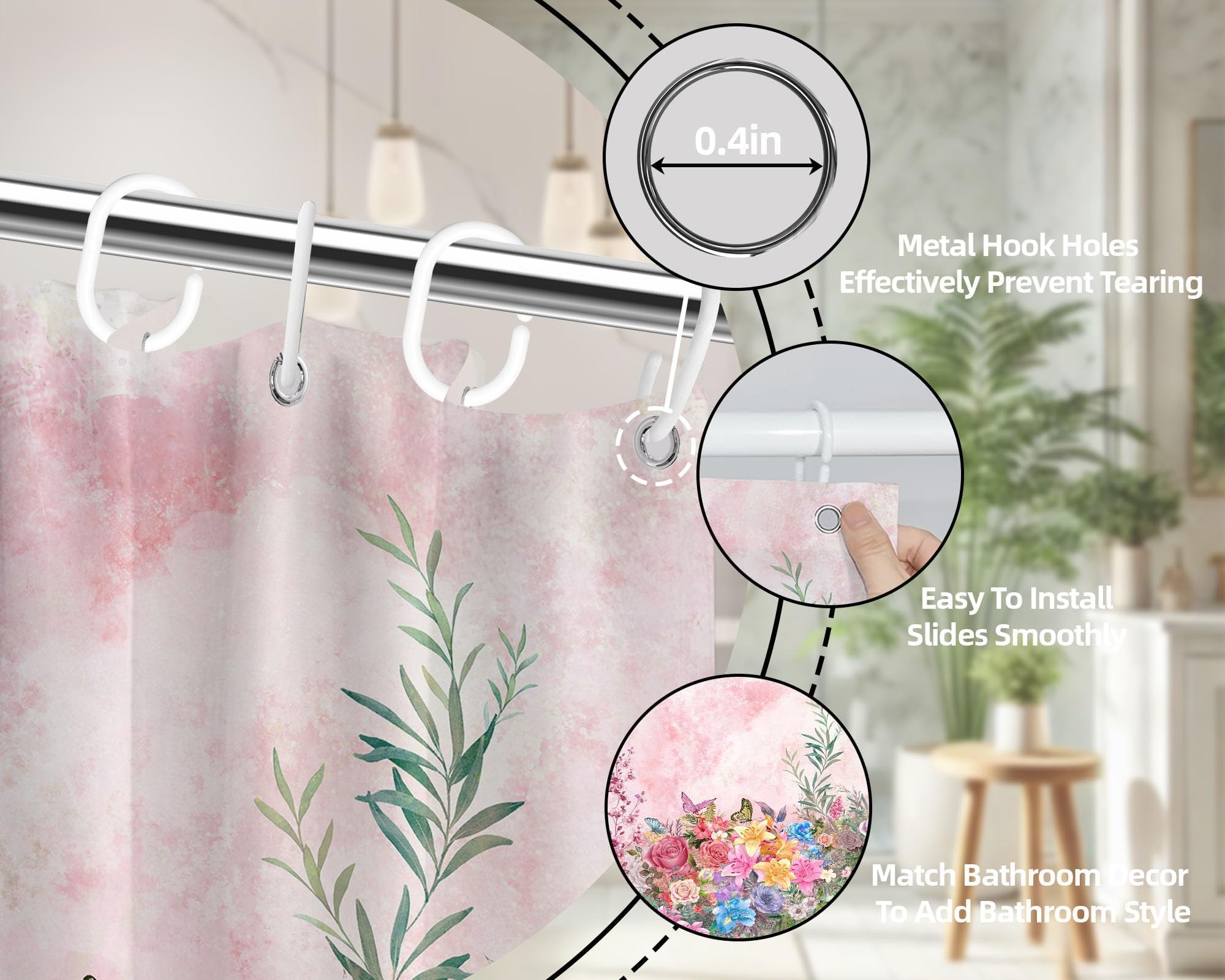 Rideau de Douche Rose printanier à Motif Floral et botanique, imperméable, avec Crochets, 244x200cm(LxH)