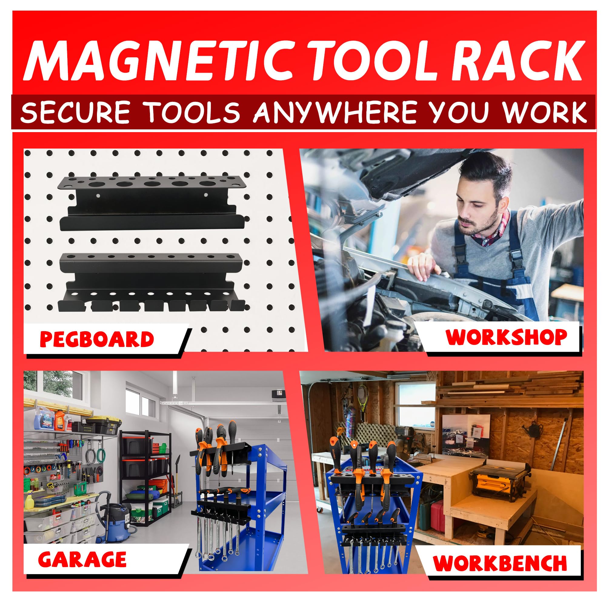 ULIBERMAGNET Magnetyczny uchwyt na śrubokręt, magnetyczny uchwyt na klucz, wytrzymały czarny metalowy organizer do przechowywania narzędzi, zestaw 2 magnetycznych uchwytów narzędziowych do garażu
