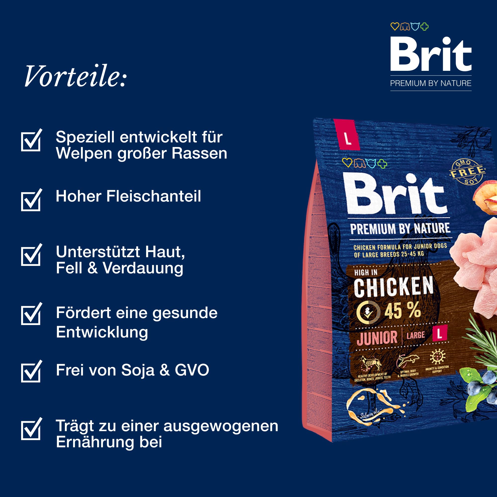 Brit Premium by Nature Junior L/XL sucha karma dla szczeniaków, dużych ras psów, mieszanka paszowa pełnoporcjowa, wspomaga trawienie, stawy i wzrost, 3 kg