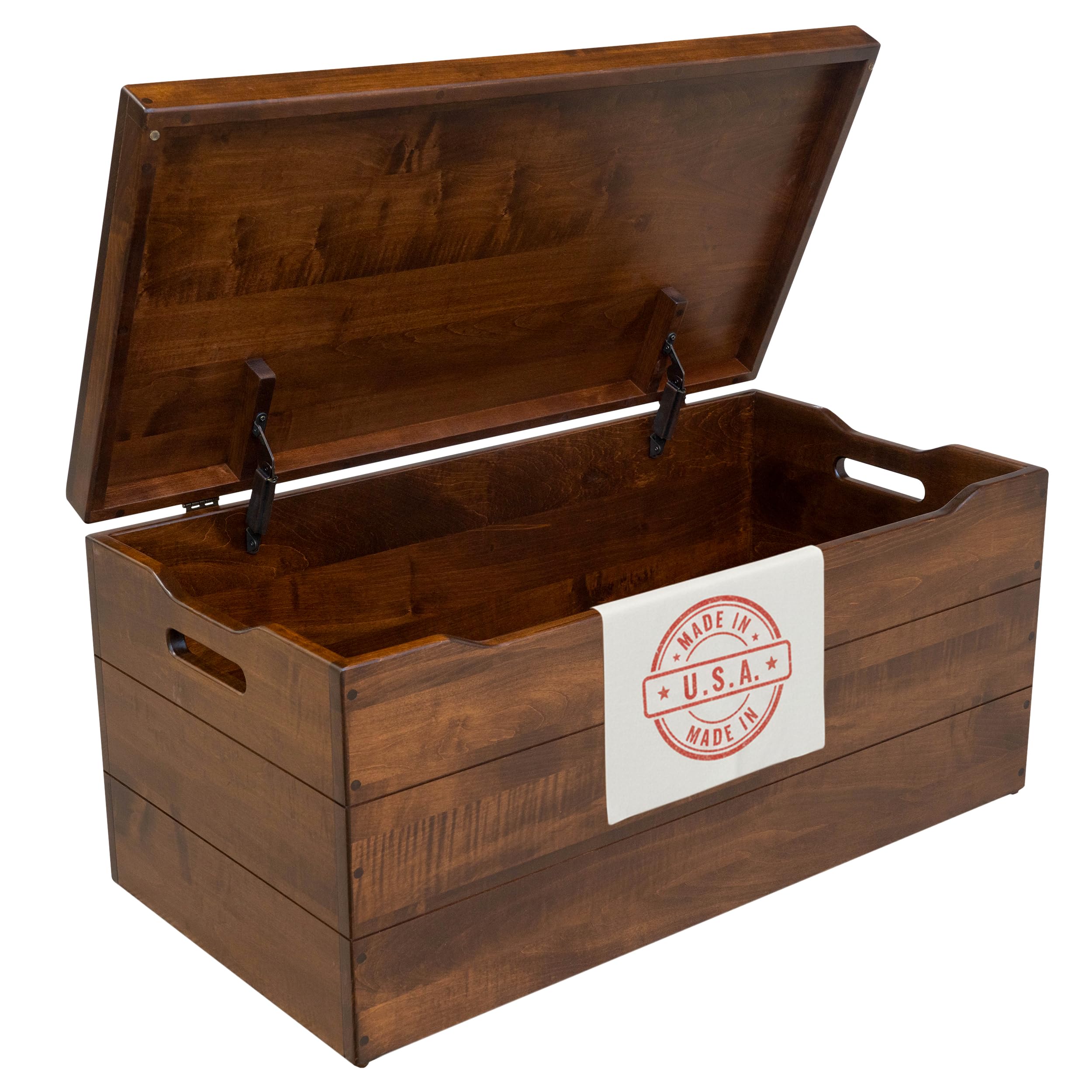 Amish Made Wooden Storage Chest Trunk Box with Lid and Handles for Bedroom, Blanket, Clothes, Anti-Slam Hinges, Handmade, Rustic, Brown Maple Wood, Asbury Stain, 42"