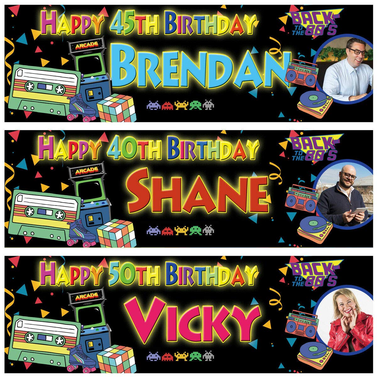 2 Personalised Birthday Banner Photo 80's theme Adults Party Poster Decoration Back to the 80's Party