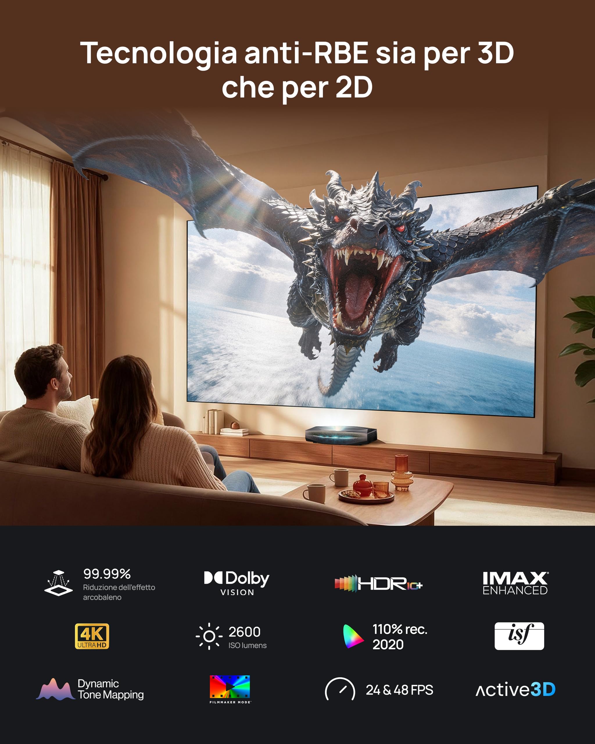 AWOL VISION Aetherion Pro + Set de pantalla de proyección fija de 120" – 4K UHD HDR10+, Dolby Vision y Atmos, proyector de ultra corta distancia con láser RGB triple para cine en casa y gaming