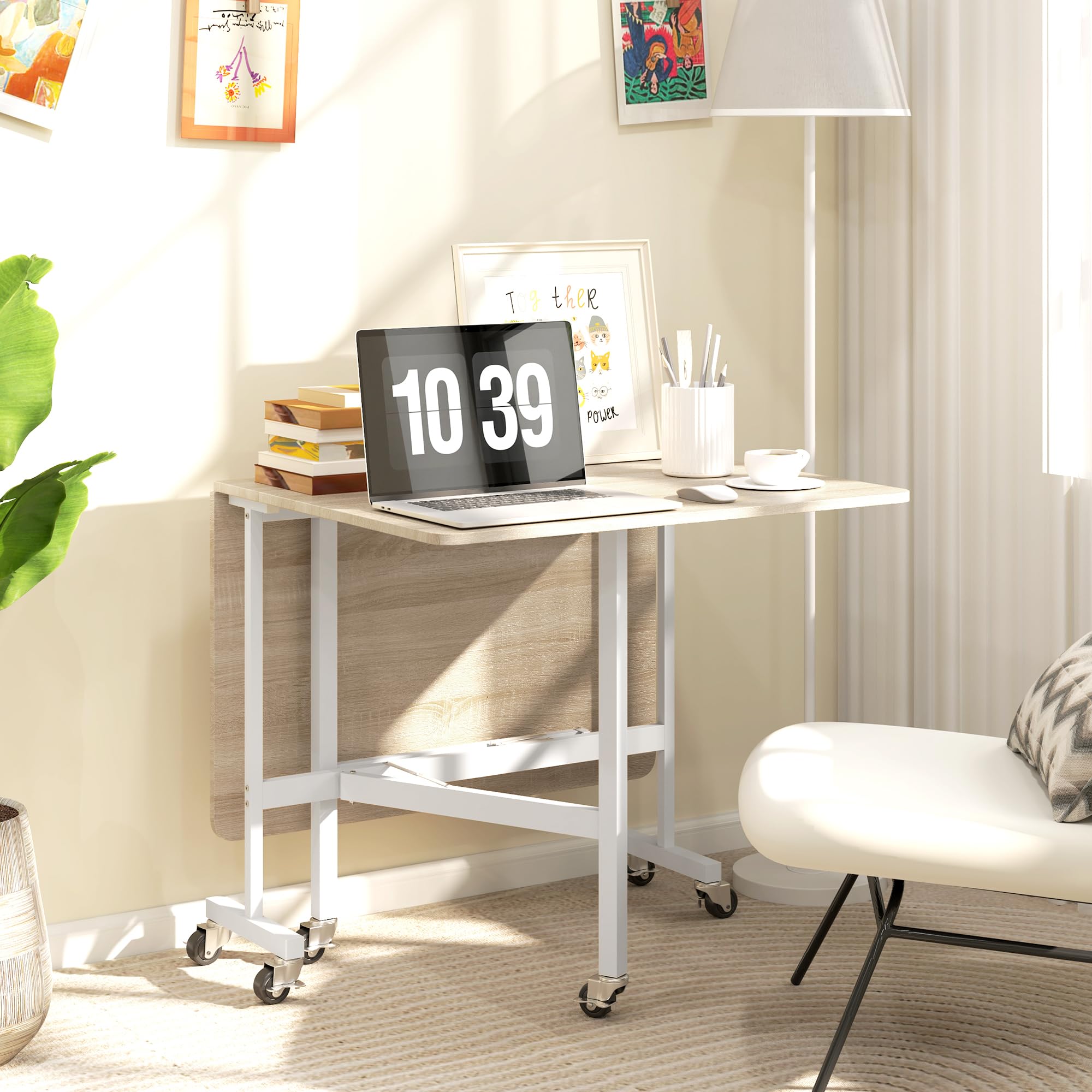 HOMCOM Mesa Plegable de Comedor para 4-6 Personas Mesa de Comedor Plegable con Ruedas y Alas Abatibles Mesa Abatible para Cocina Salón 120x80x73 cm Roble