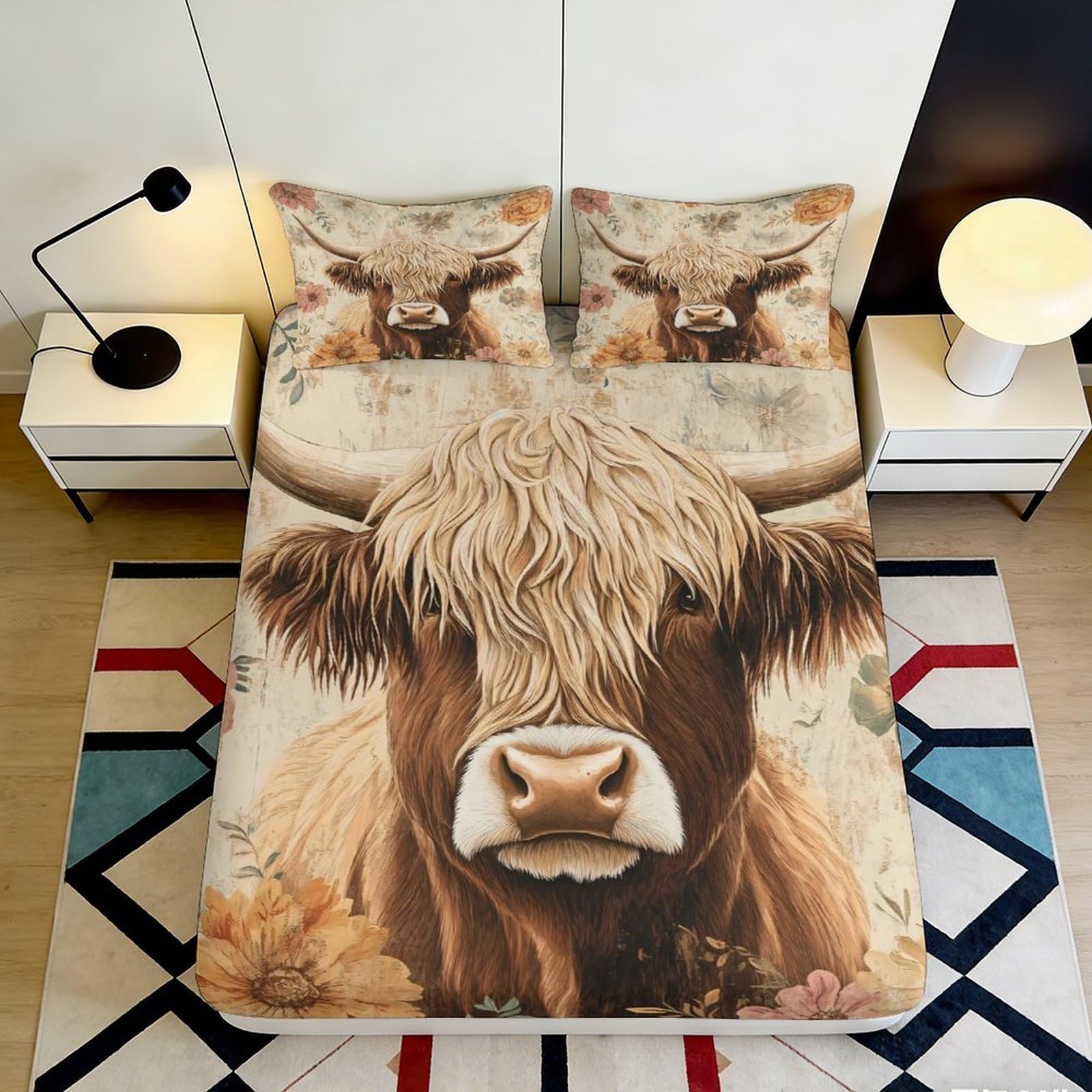 3D Printed Highland Cow Fitted Sheet Microfiber Soft Breathable Rustic Farmhouse Bed Cover for Bedroom Dormitory Guest Room Mattress Protection Decor 90x200x25cm