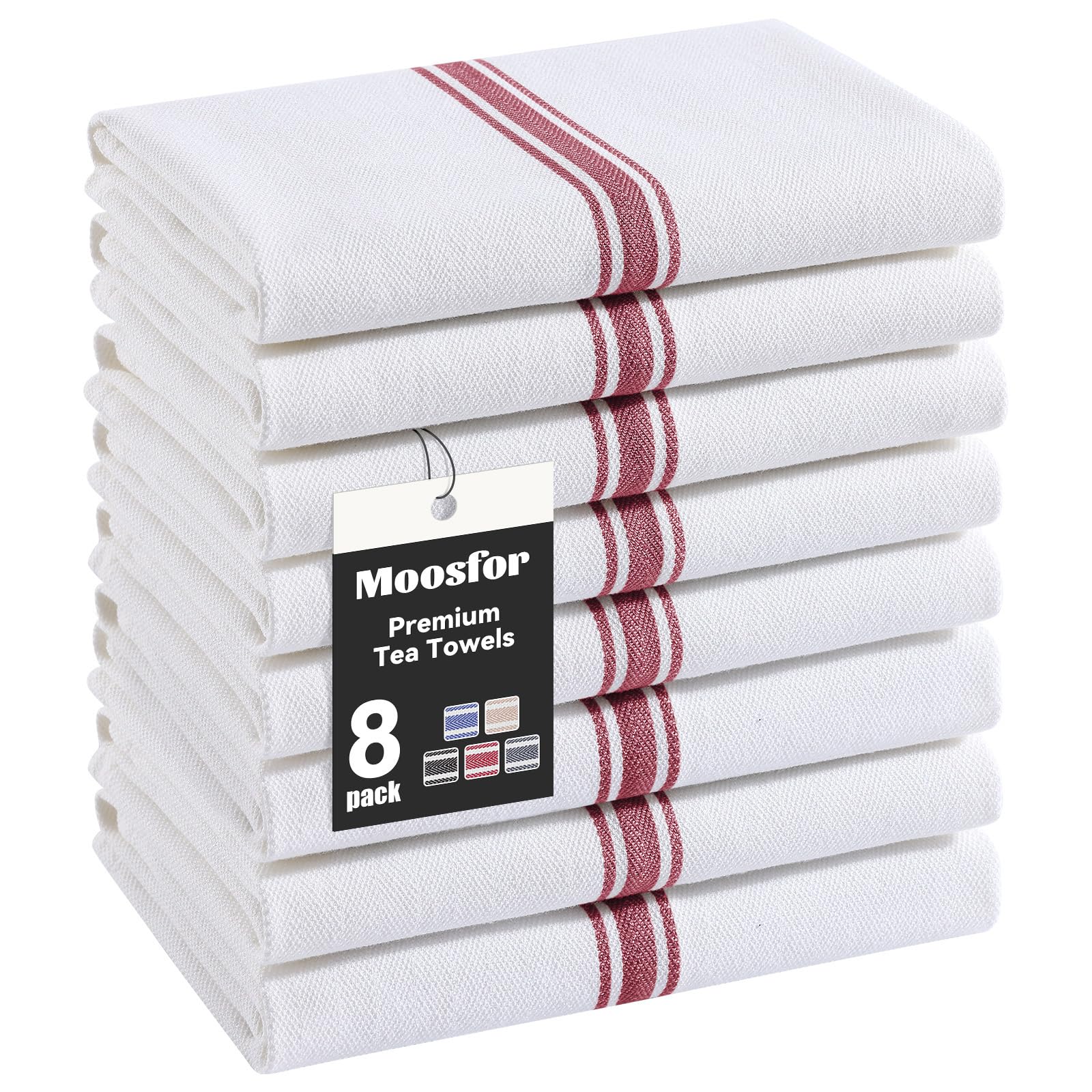 Moosfor 100% Organic Cotton Tea Towels Extra Large, Highly Absorbent Soft Dish Cloths, Lint Free Quick Drying kitchen Towel, Premium Dish Towels for Kitchen, Pack of 8, 38 x 64 cm, Red