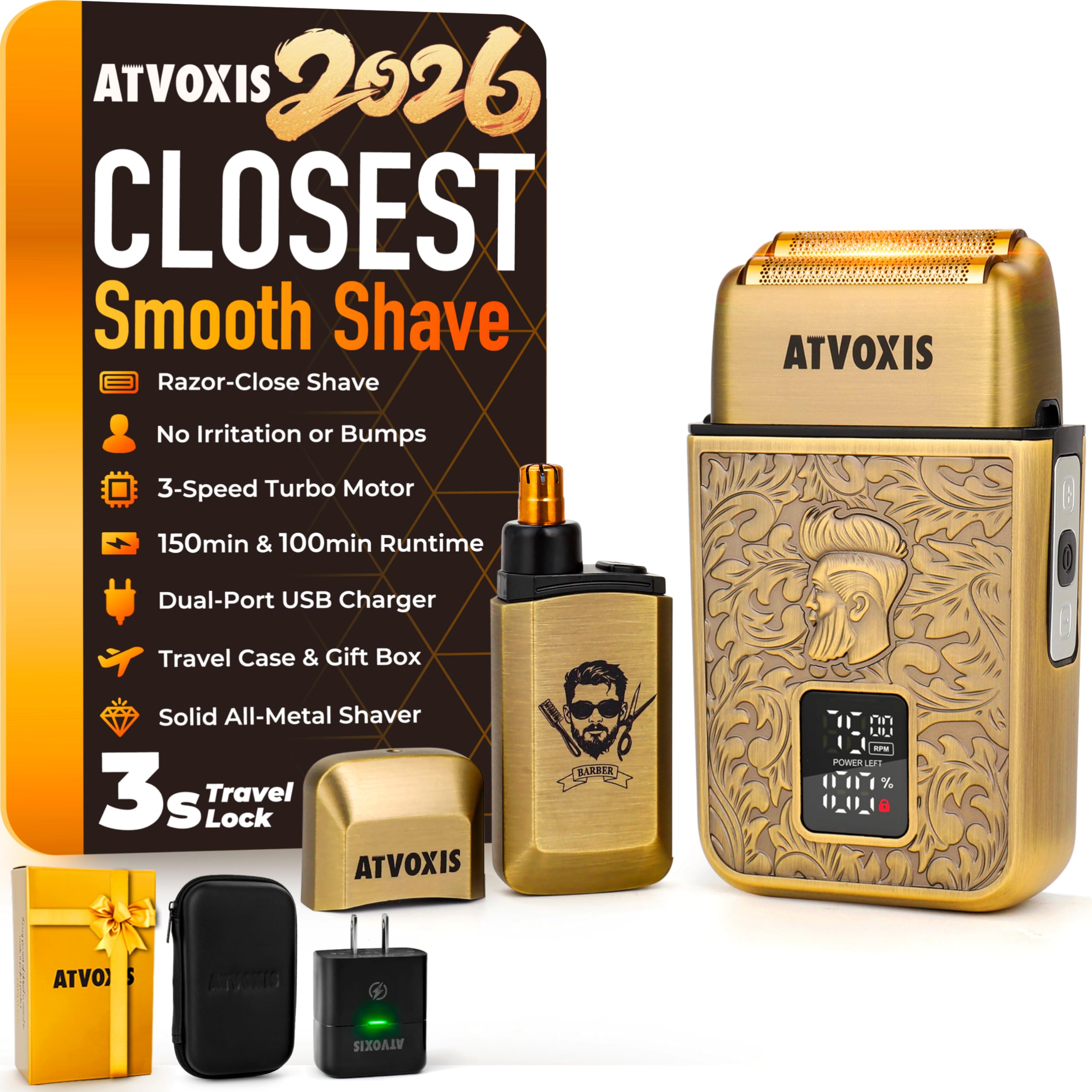 ATVOXIS All-Metal Close Shave 3-Speed Foil Shaver for Men: