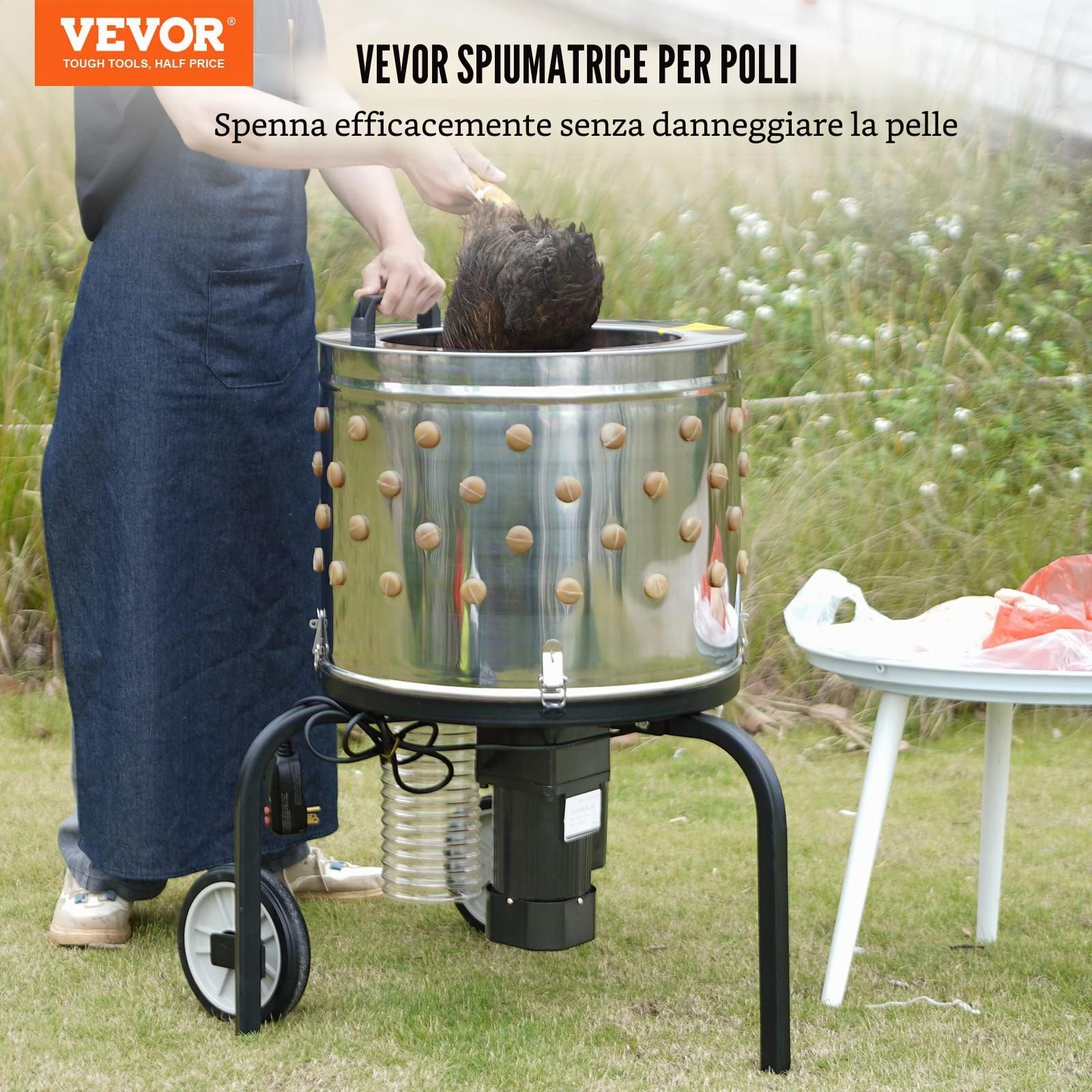 VEVOR Spiumatrice per Polli 500W, Spiumatrice per Polli con Tamburo in Acciaio Inossidabile 501x393mm, Attrezzatura per Pelare con 108 Dita Morbide, Spiumatrice per Pollame
