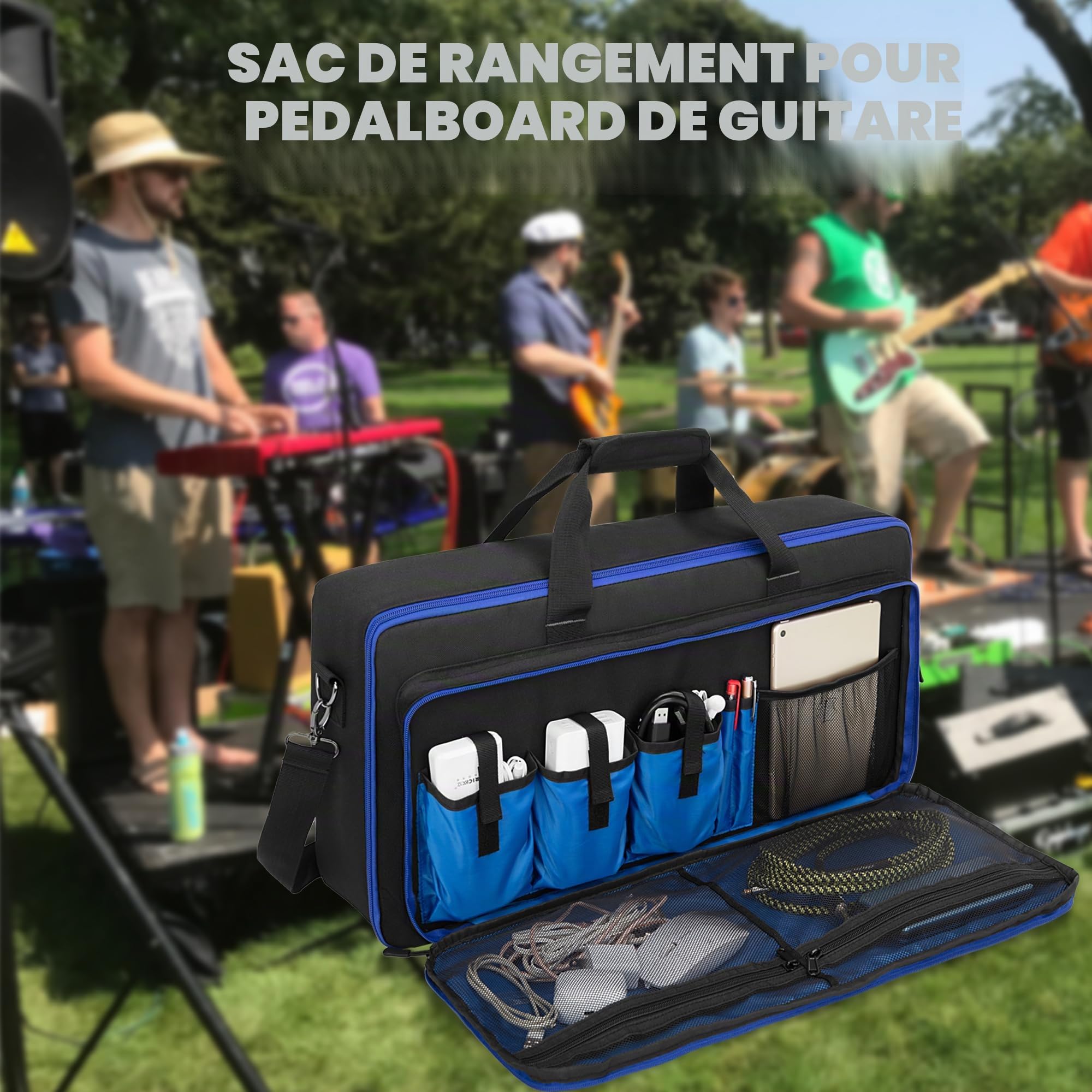 Rexmica Sac de Transport pour la Plupart des Pédales Multi-Effets Guitare | Housses de Protection avec Compartiment pour Pedalboards et Câble de Guitare ou Autres Accessoires, Noir, 58x29x11 Cm