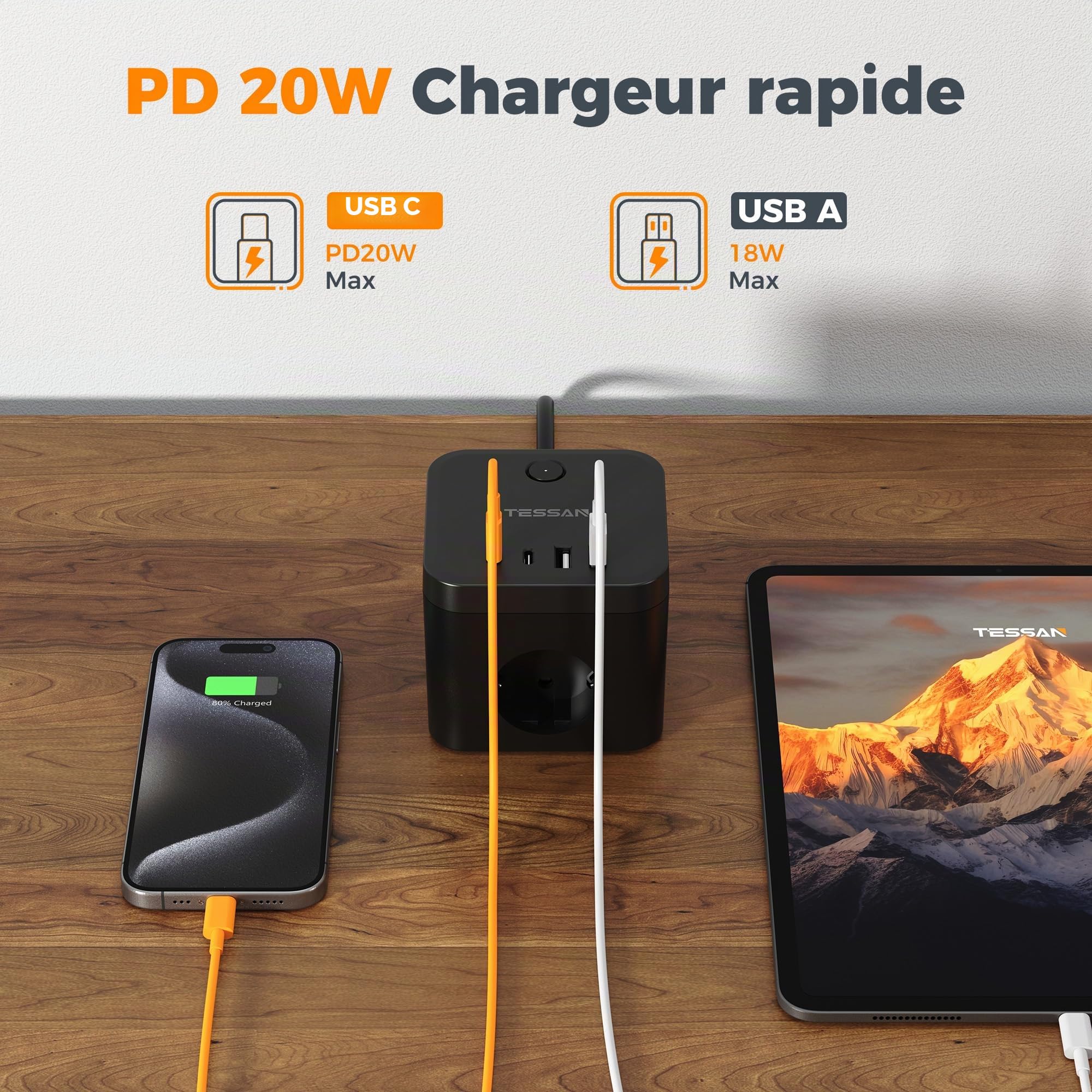 TESSAN Multiprise avec USB C PD 20W, Rallonge Electrique 5M, Noir