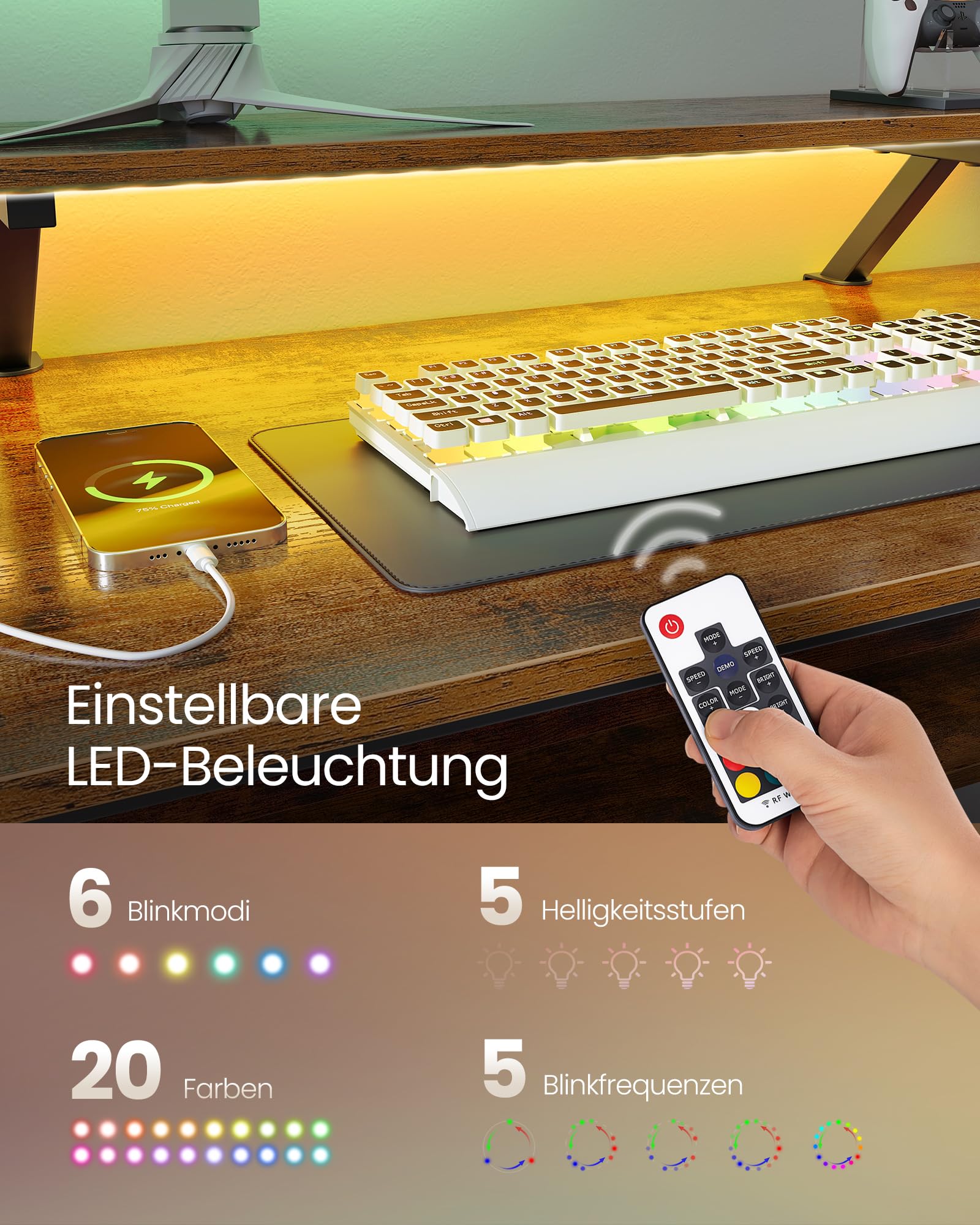 VASAGLE L-förmiger Schreibtisch mit Steckdosen, Eckschreibtisch, Computertisch, Monitorständer, Gaming-Tisch, LED-Beleuchtung, USB-Anschlüsse, 150 x 120 x 76 cm, Homeoffice, vintagebraun LWD095K01