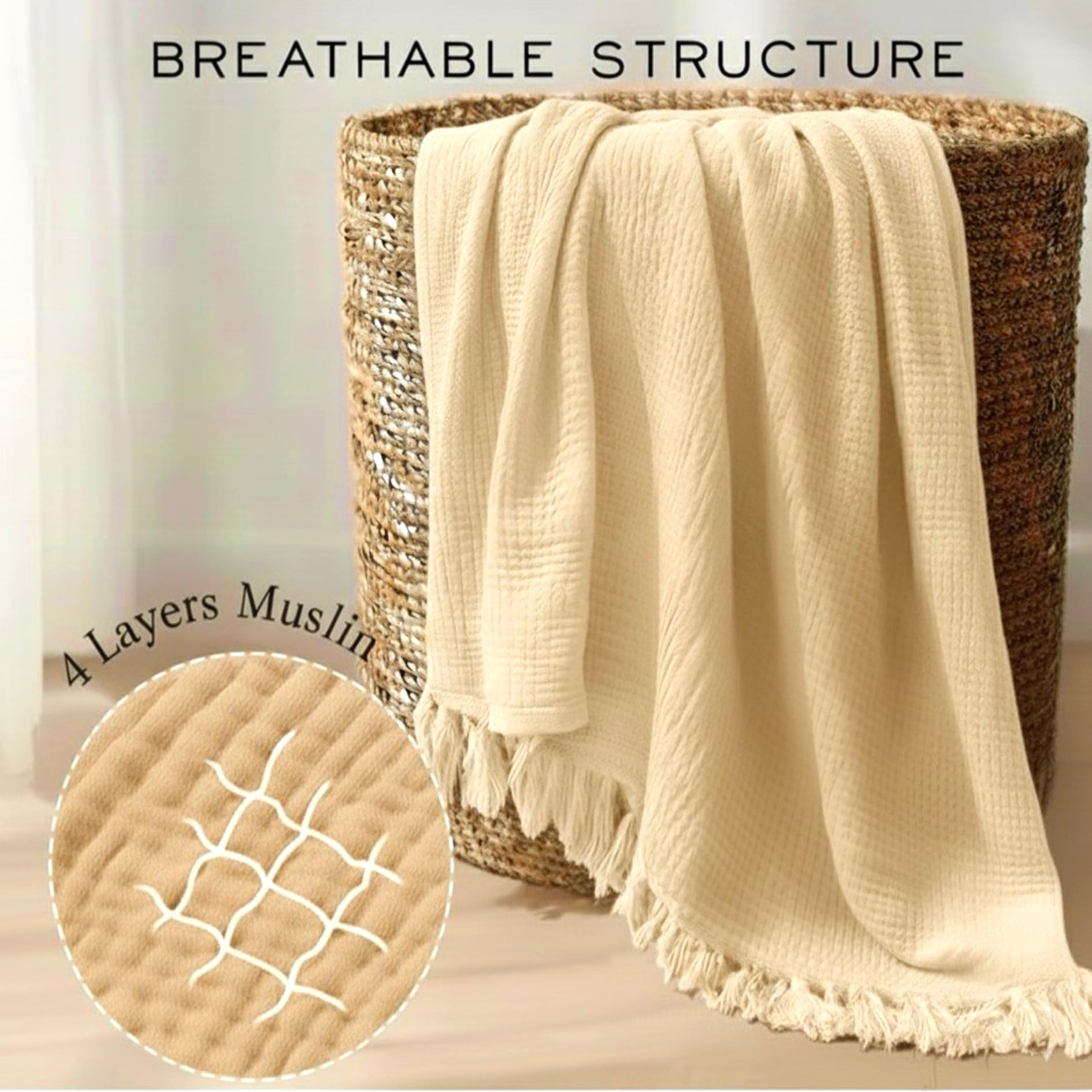 KyraHome 100% Organic Cotton 55"x60" Muslin Throw Blanket for Couch Sofa Pre-Washed Plant Hand Dyed, Breathable Soft, Cozy - Image 3
