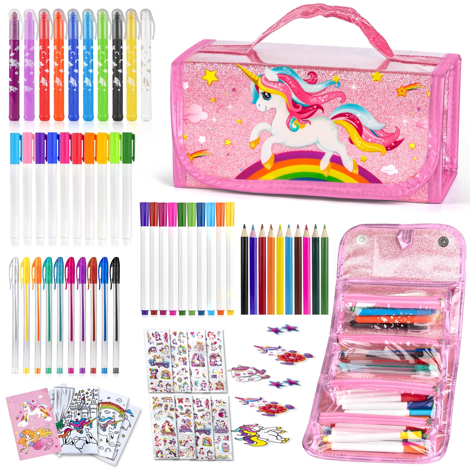Auney Estuche Escolar Set Papeleria Regalo para Niña 4 5 6 7 8 9 10 Años,Kit di Juguetes Unicornios para Niñas Includere Estuches Escolares - Bolígrafos de Colores - Lápices - Cuadernos - Adhesivas