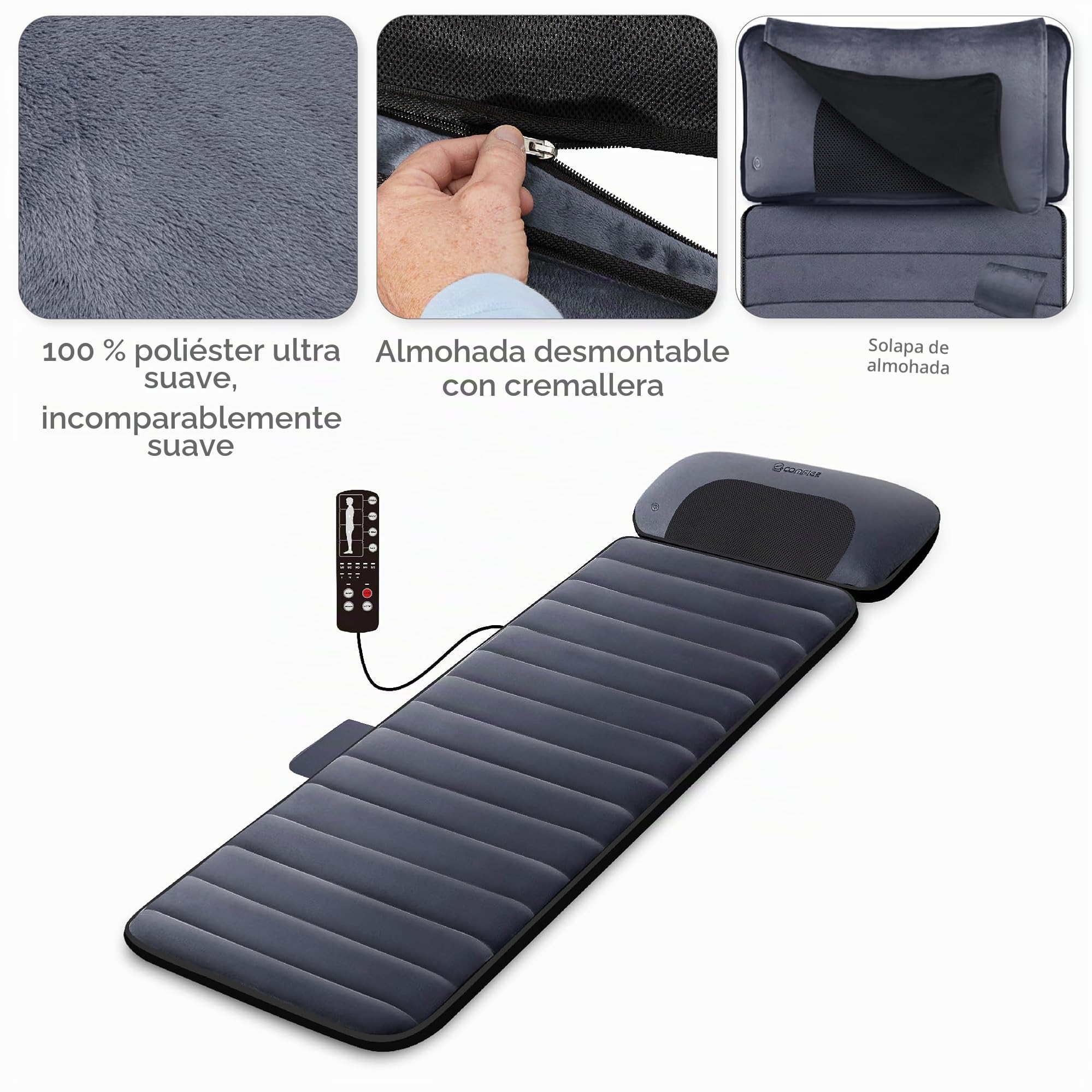 COMFIER Colchón Masaje De Cuerpo Completo Con Función De Calor, 10 Motores De Vibración Funda De Asiento De Masaje Con Almohada Shiatsu Ajustable Para El Cuello, Regalo Hombre Mujer