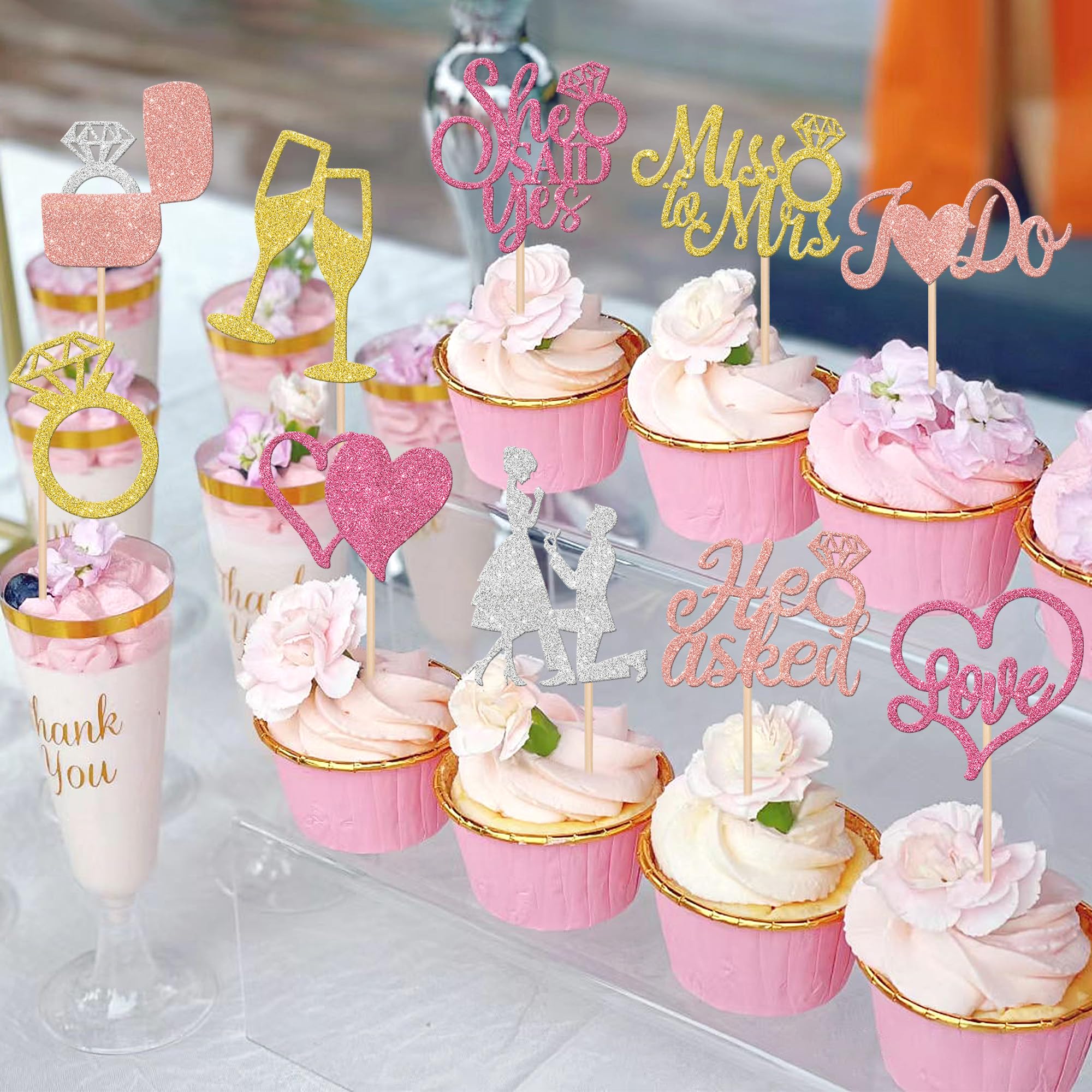 30 Pack He Asked She Said Yes Bride to Be Cupcake Toppers Rose Gold Glitter I Do Love Heart Ring Miss To Mrs Cupcake Picks Bridal Shower Cake Decorations for Wedding Engagement Party Supplies - Image 4