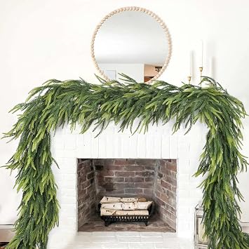 Christmas Norfolk Pine Garland Clearance, 6ft Artificial Pine Greenery Garland for Mantle Fireplace Stairs Railing Table Home Decor Green