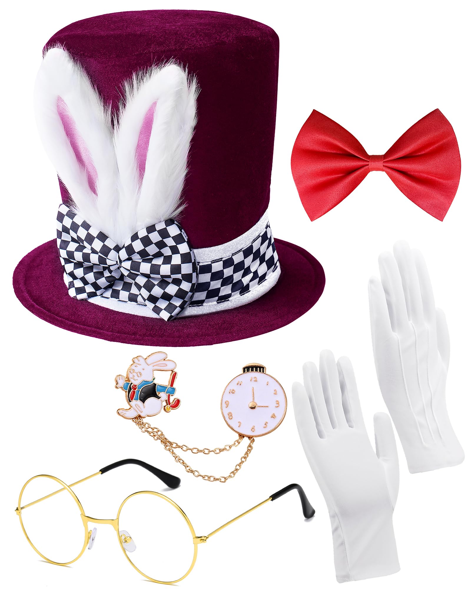 White Rabbit Costume Bunny Ear Top Hat Rabbits Ears Topper Plush Hat Mad Hatter Set for Easter Halloween Cosplay Accessories